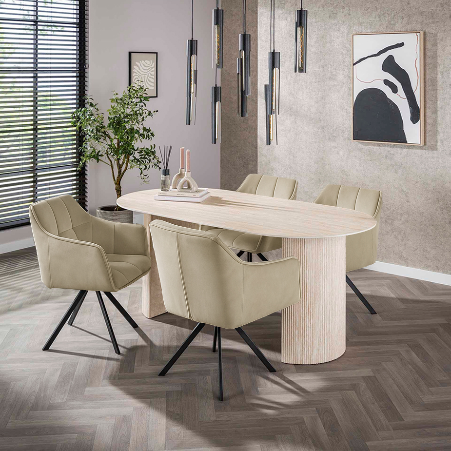 5er Set Essgruppe Arch Organic 180 Travertin + 4 Stühle Raster Champagner