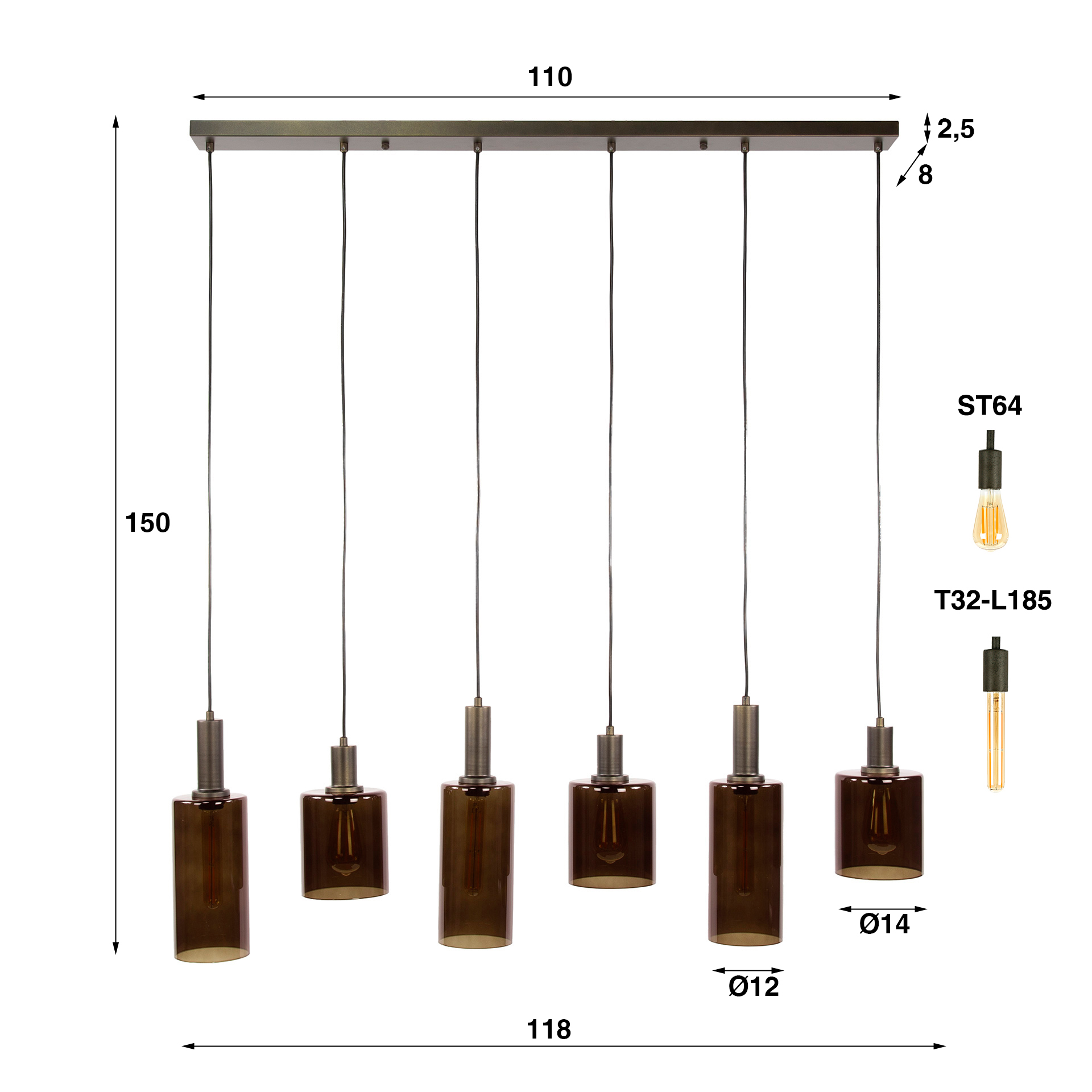 Retro Hängelampe Pendelleuchte Sepiora 6 flammig Glas Bronze Retro Hängelampe Pendelleuchte Sepiora 6 flammig Glas Bronze