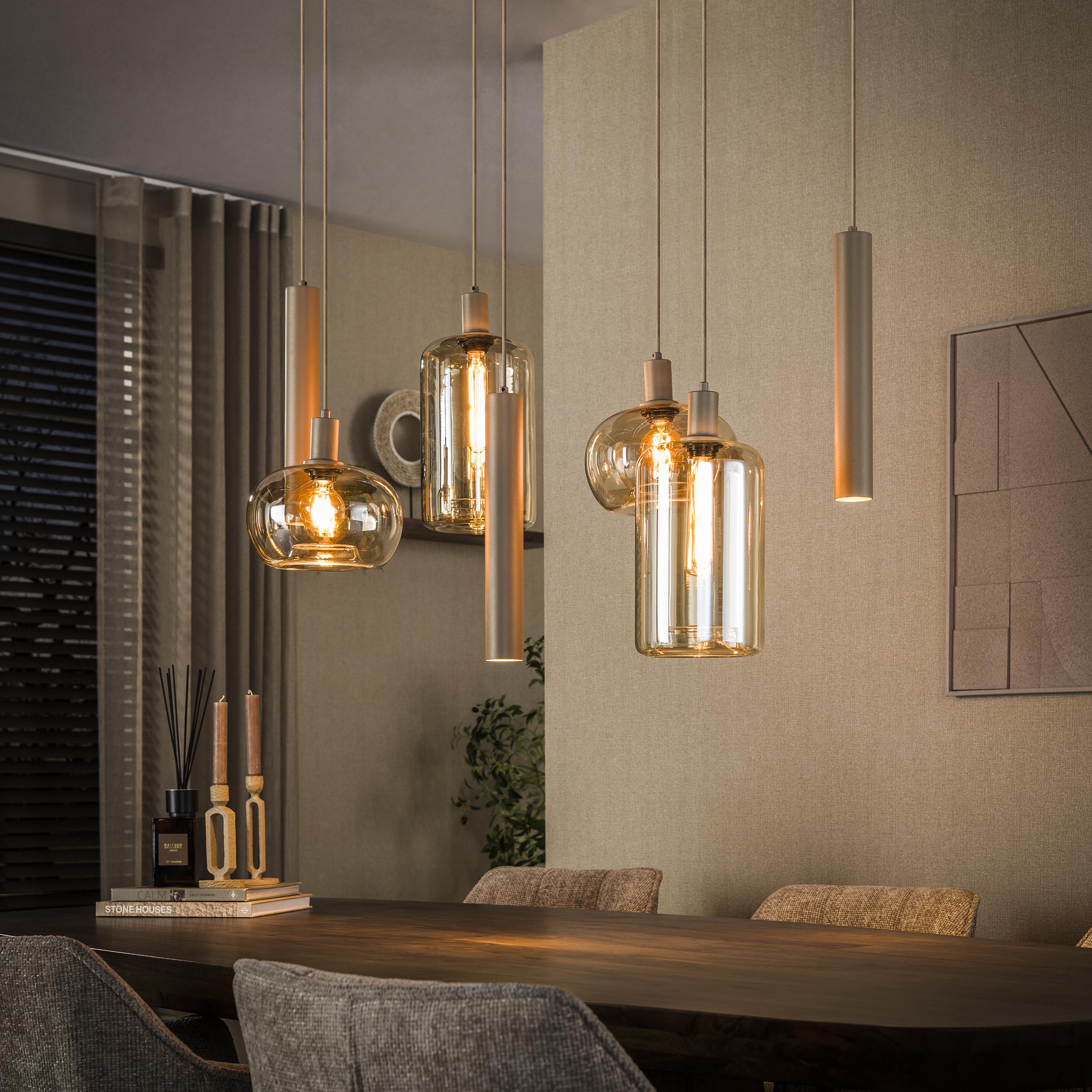 Hängelampe Industrial Serene Beige Glas Metallpendel 4 + 3
