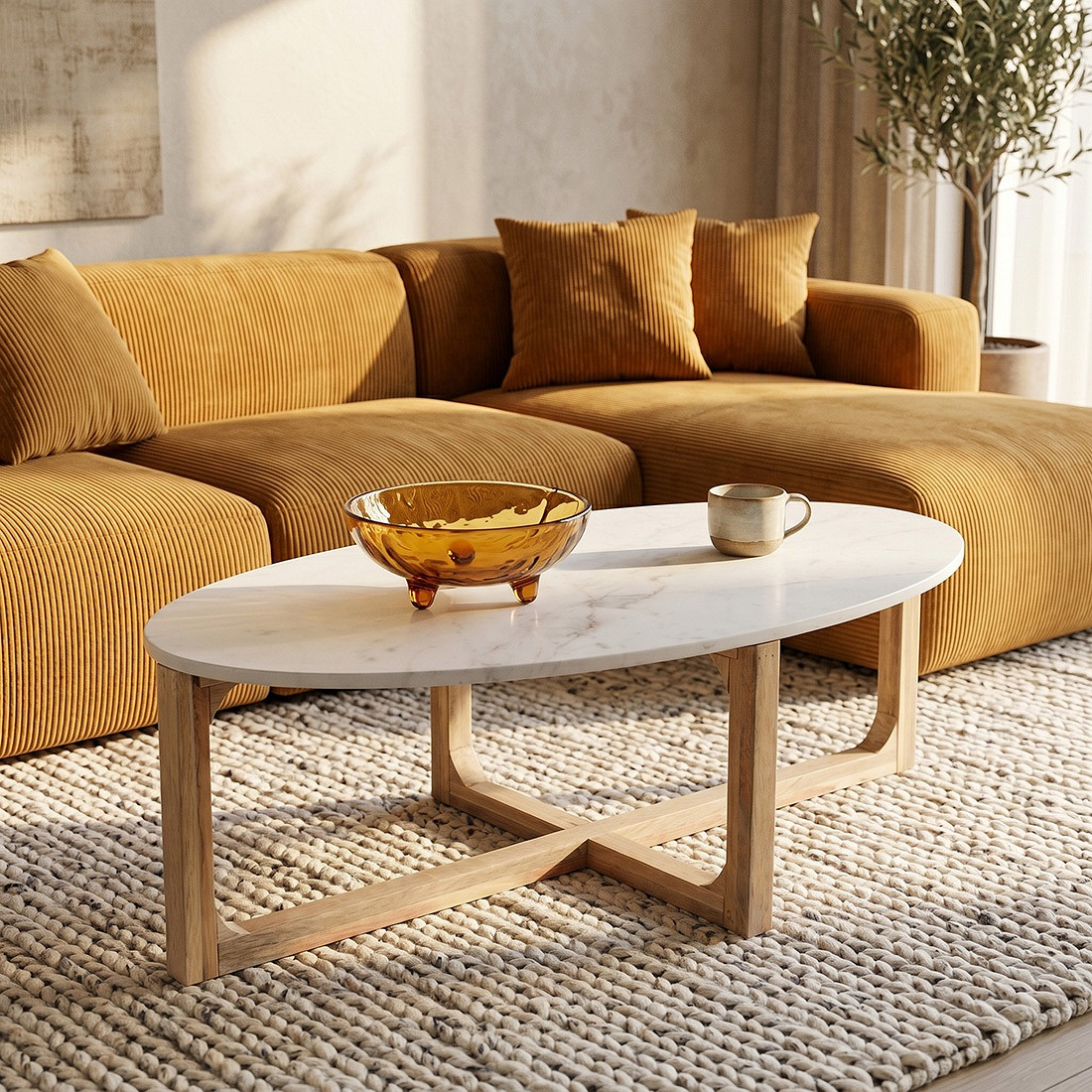 Retro Couchtisch Marble Marmor Holz Oval Weiß