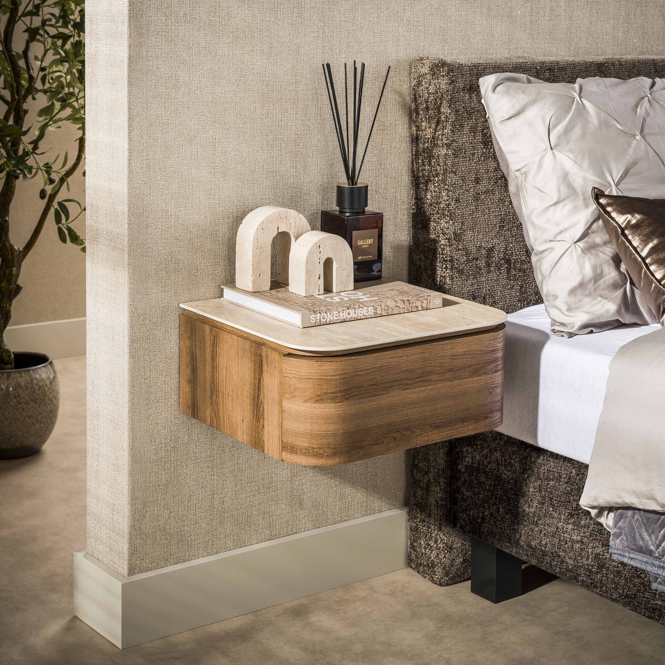 Nachttisch Cassetto Travertin Keramik mit Wandhalterung Eiche Travertin