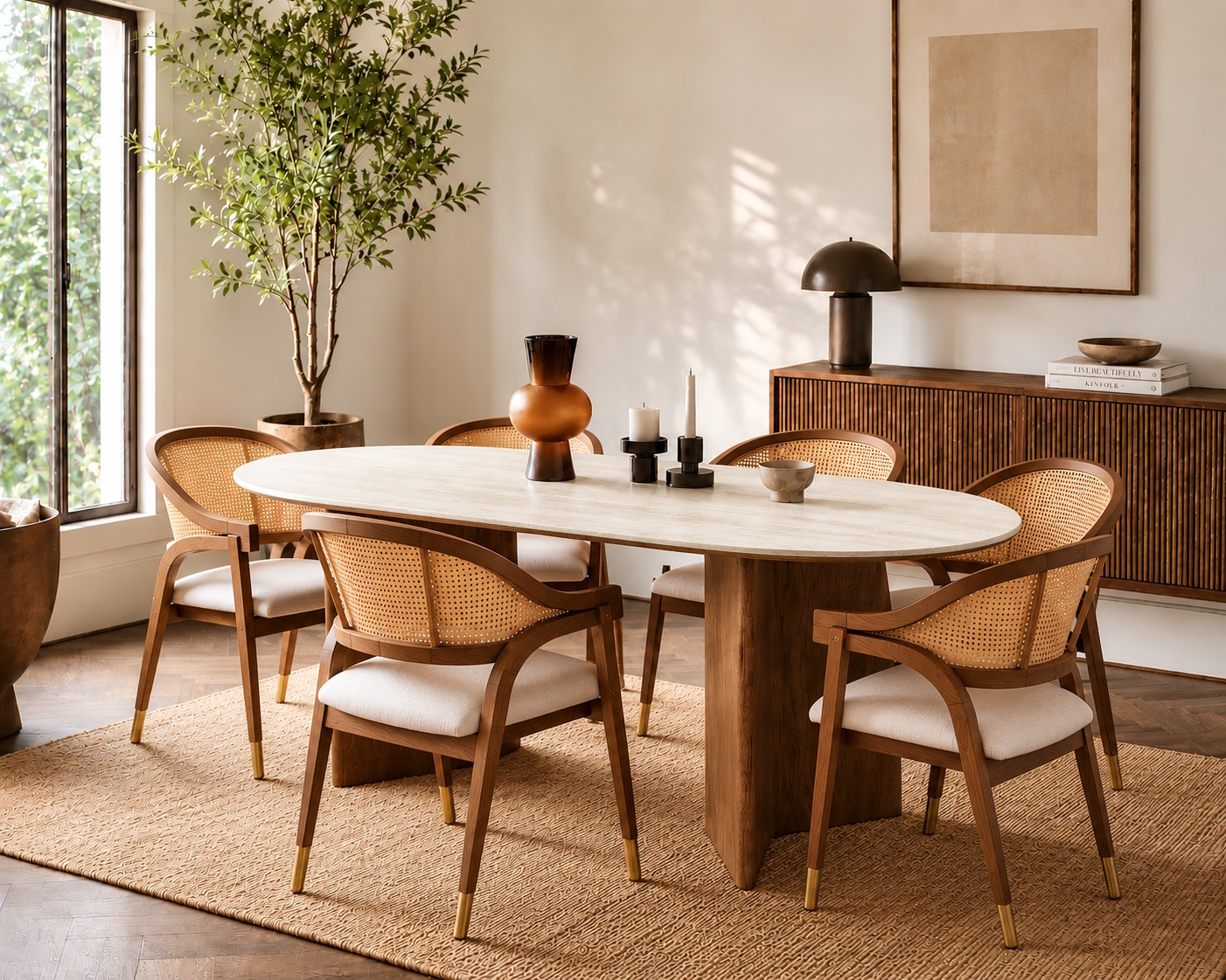 Essgruppe Tivoli Travertin Keramik 180/200 Massivholz Esche + 4/6 Stühle Aureo Walnuss
