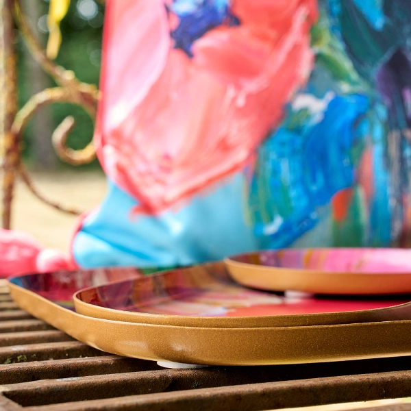 Vintage Tablett 3er Set Garden of Eden Blumenmotive Metall Rot