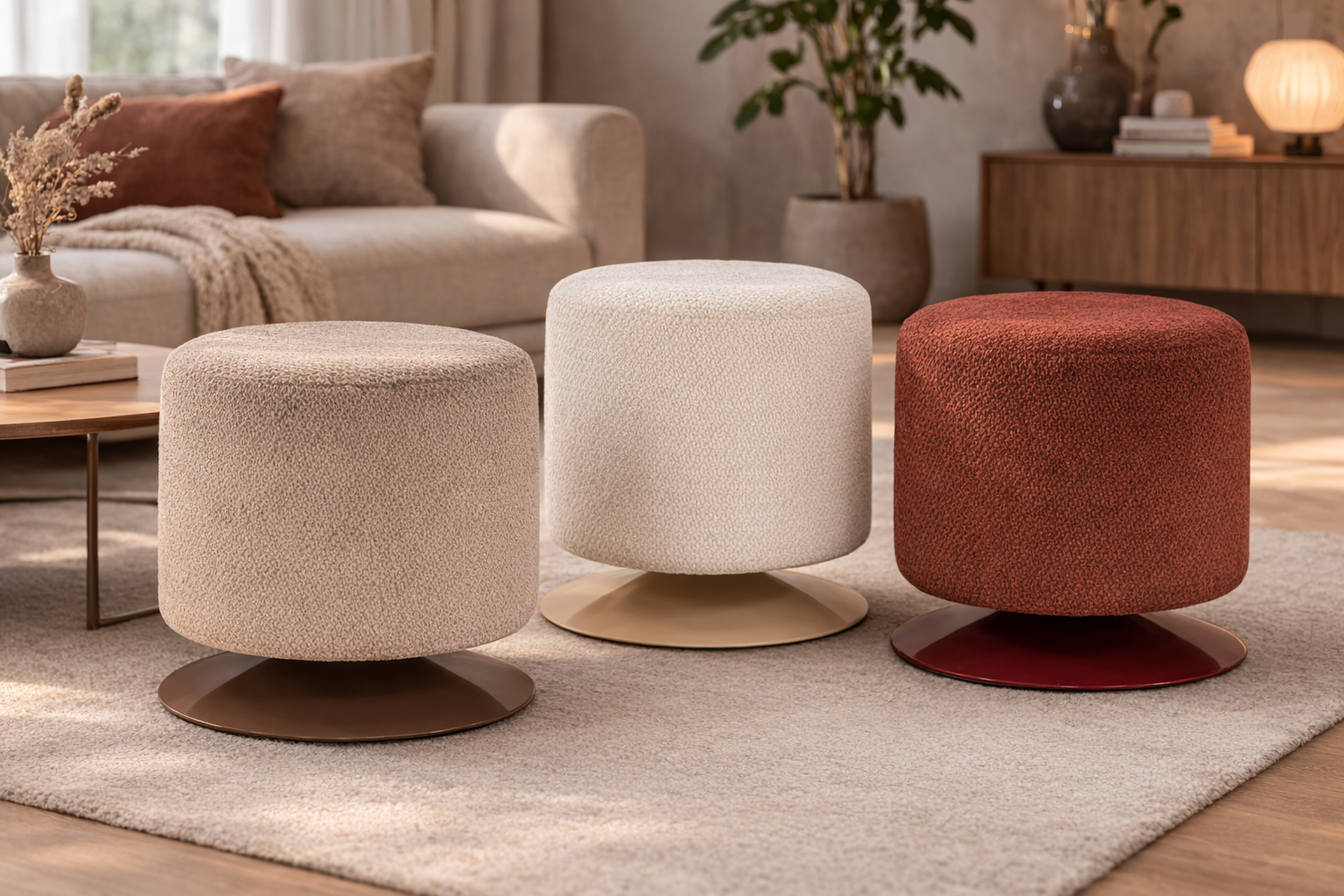 Retro Sitzhocker Polsterhocker Islen Boucle drehbar Bordeaux, Beige oder Braun