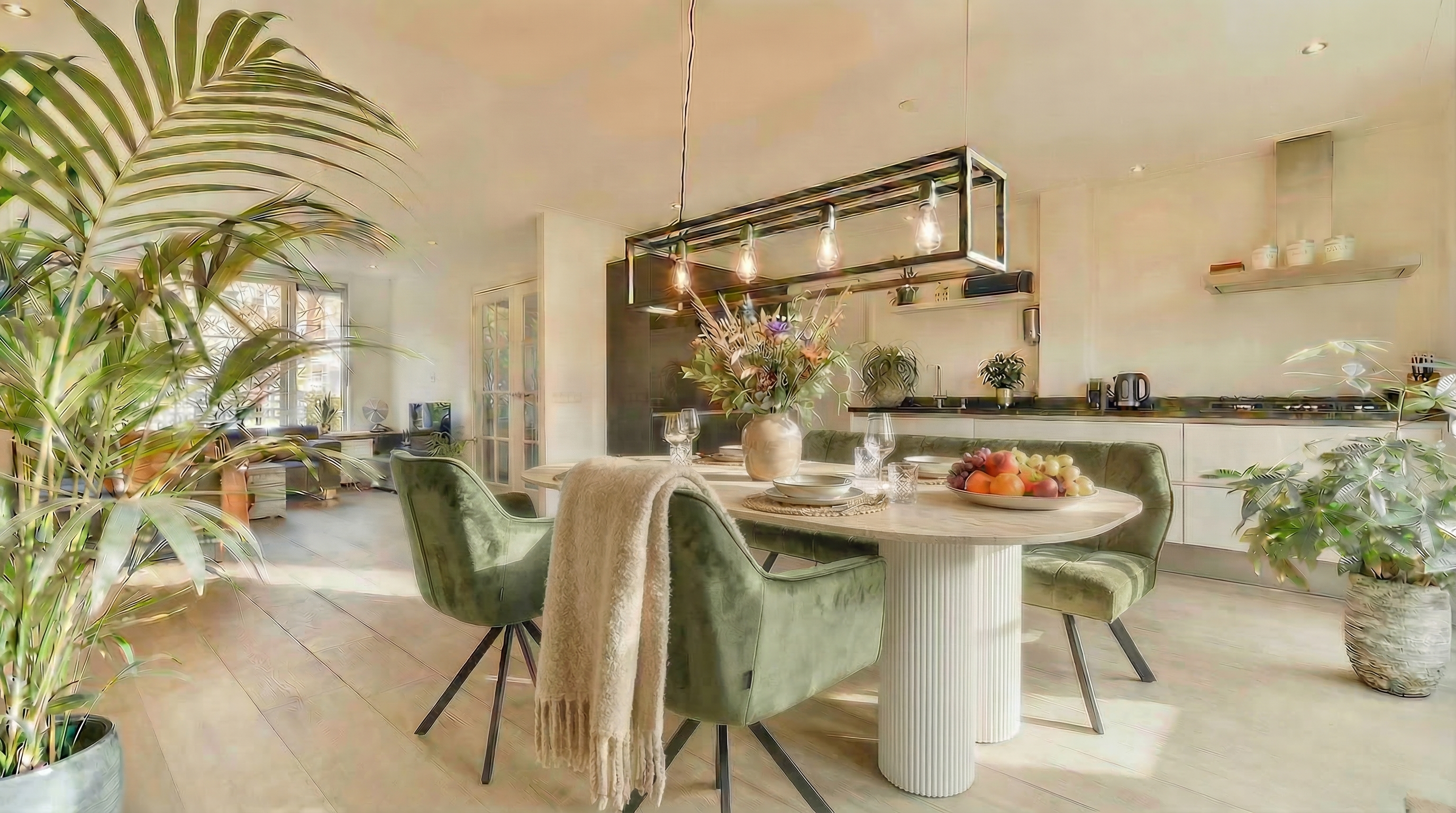 Essgruppe Bari 180 Travertin Metall + 2 Stühle Raster + Bank Samt Grün