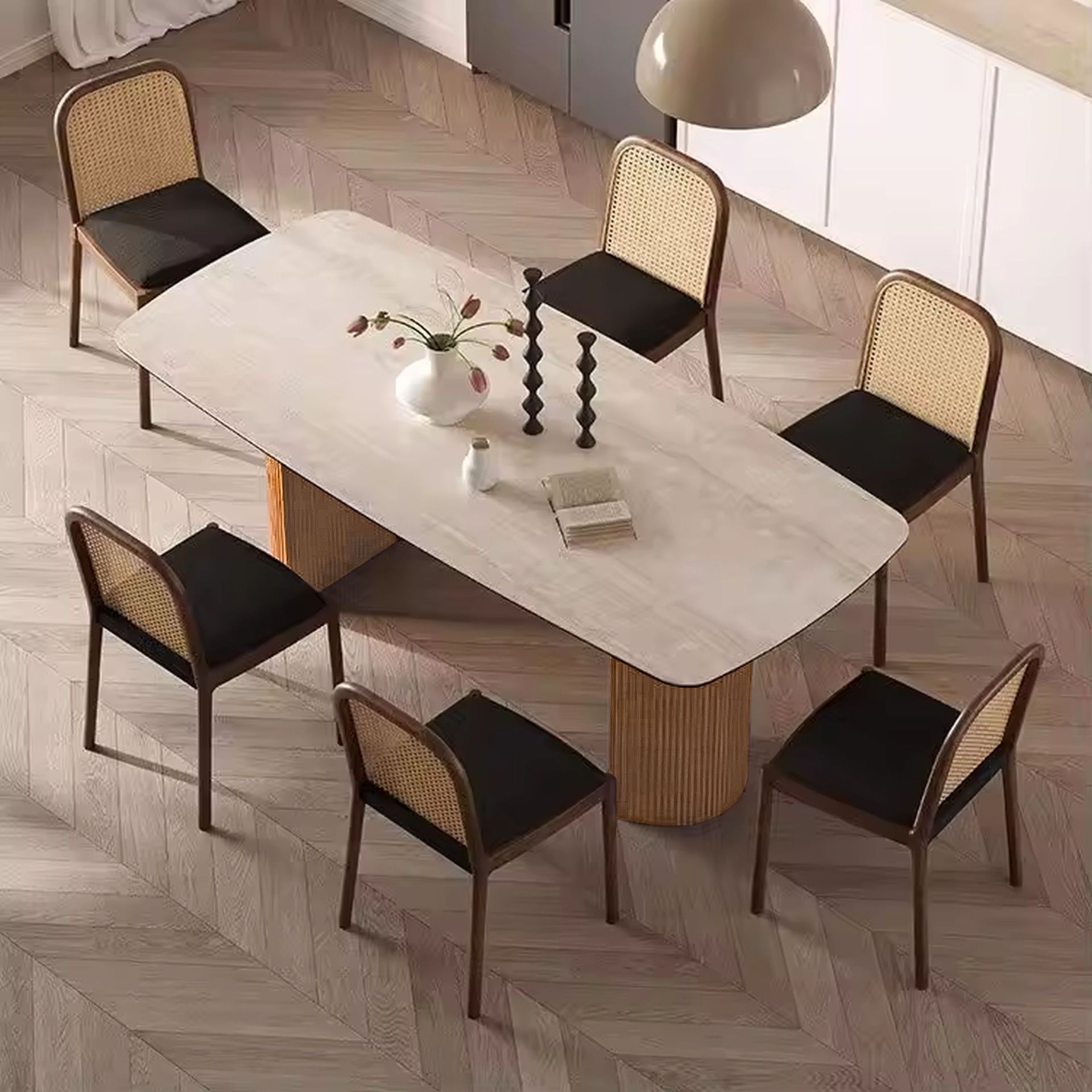  Essgruppe Travertin Tisch Roma + 4 Esszimmerstühle Kjeld Braun