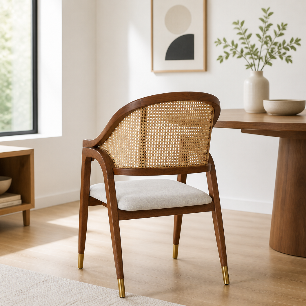 Esszimmerstuhl Aureo Mid-Century Massivholz Rattan Walnuss
