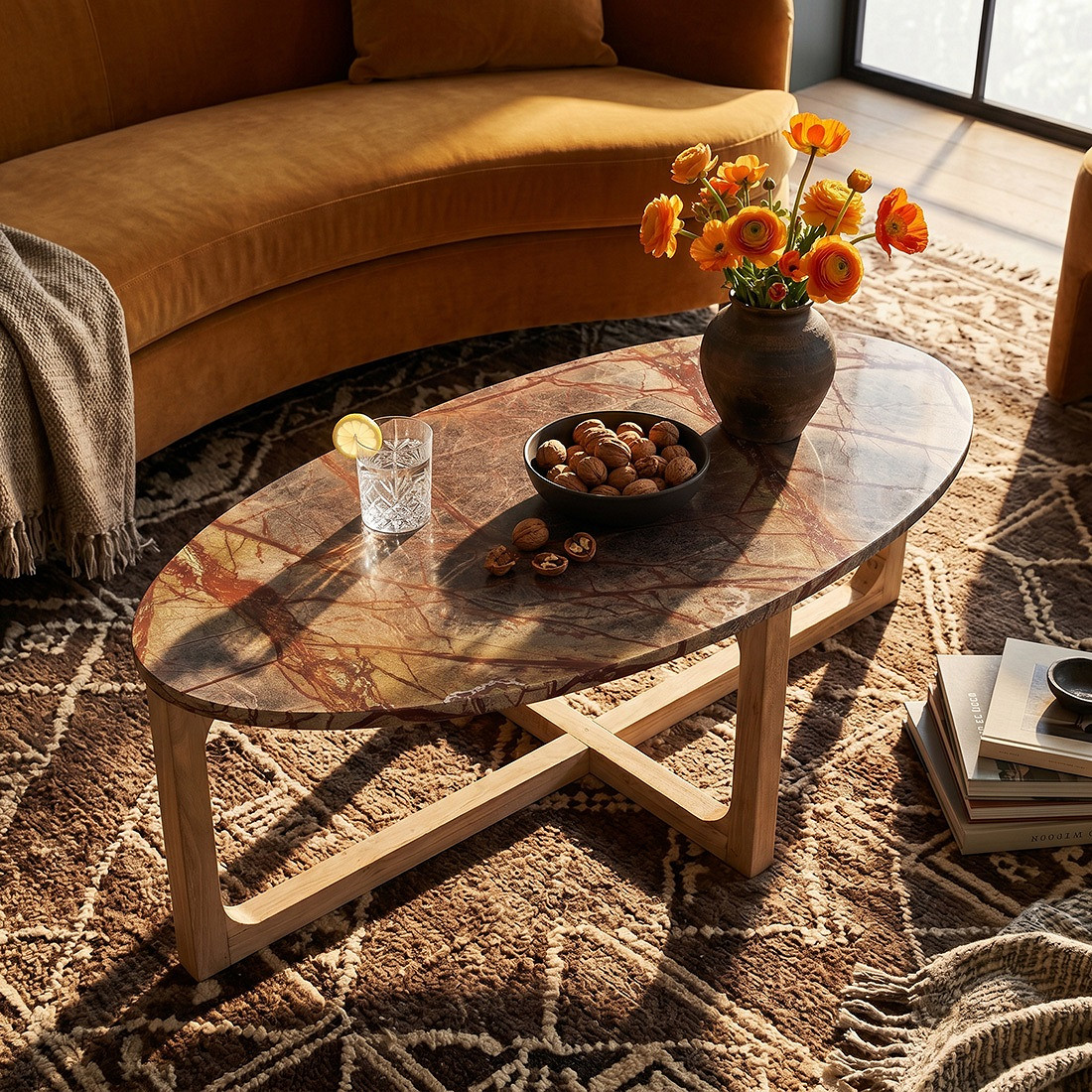 Retro Couchtisch Marble Marmor Holz Oval Exzentrik
