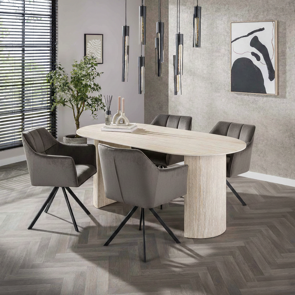 Essgruppe Arch Organic 180 Travertin + 4 Stühle Raster Anthrazit