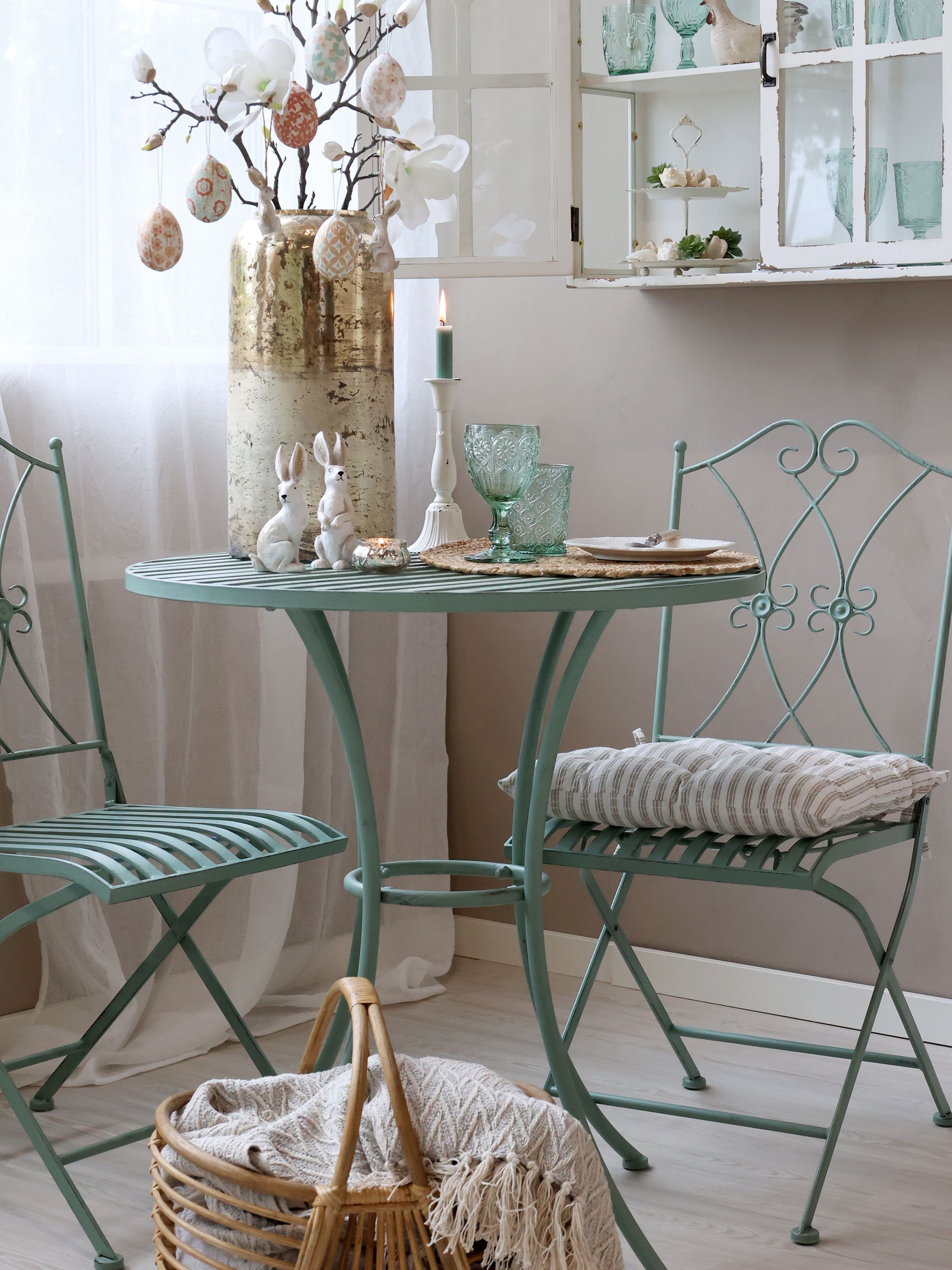 Vintage Set Jardin Metall Antik-Mint zwei Stühle ein Tisch