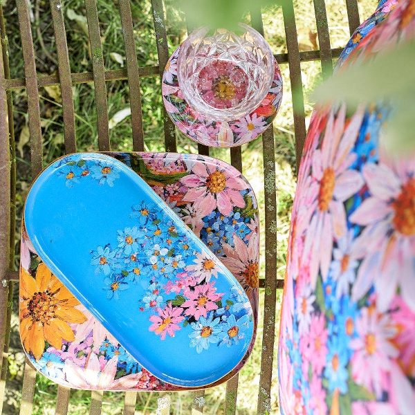 Vintage Tablett 3er Set Garden of Eden Blumenmotive Metall Blau