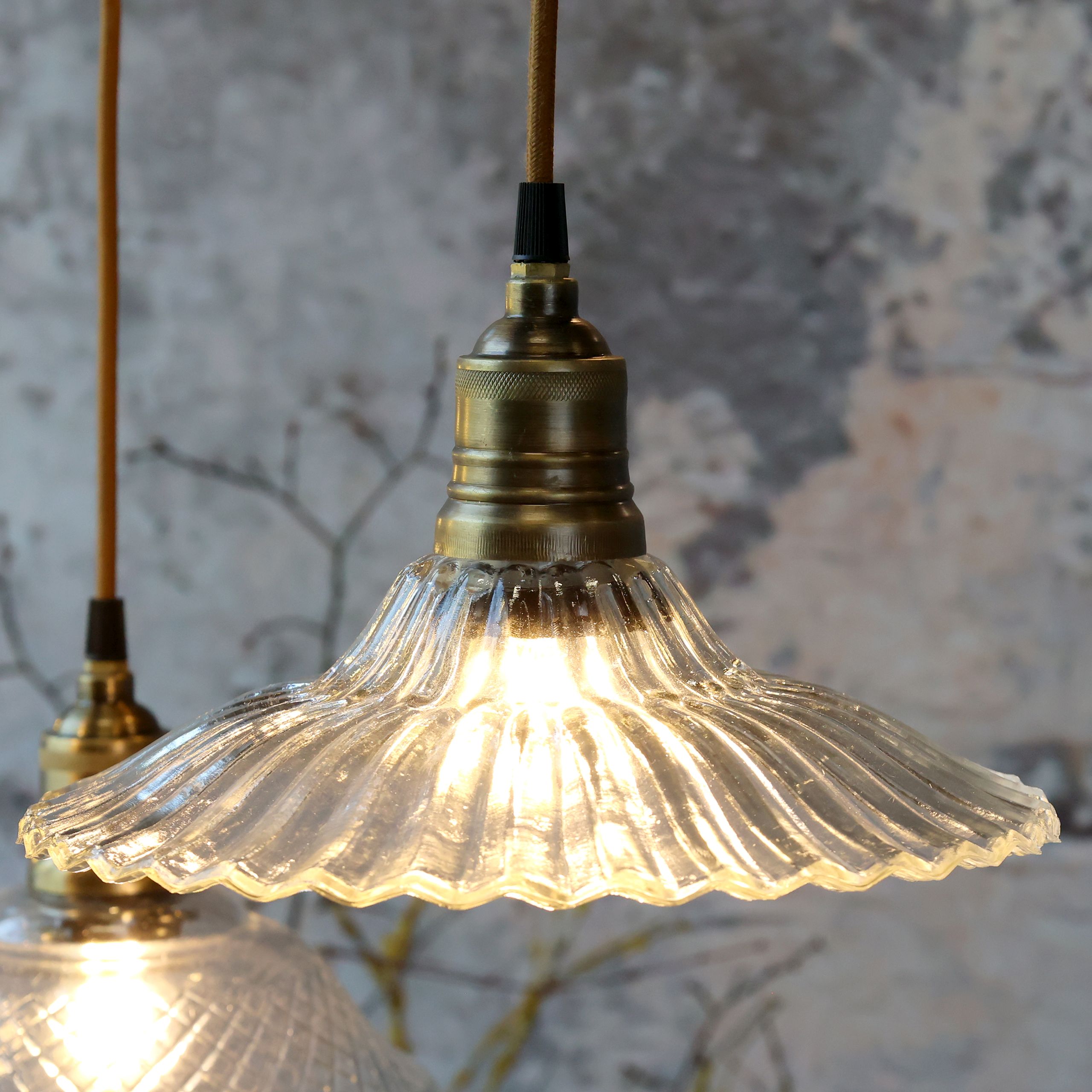 Vintage Hängelampe Jardin Glas Messingfassung Modell 4 Klarglas