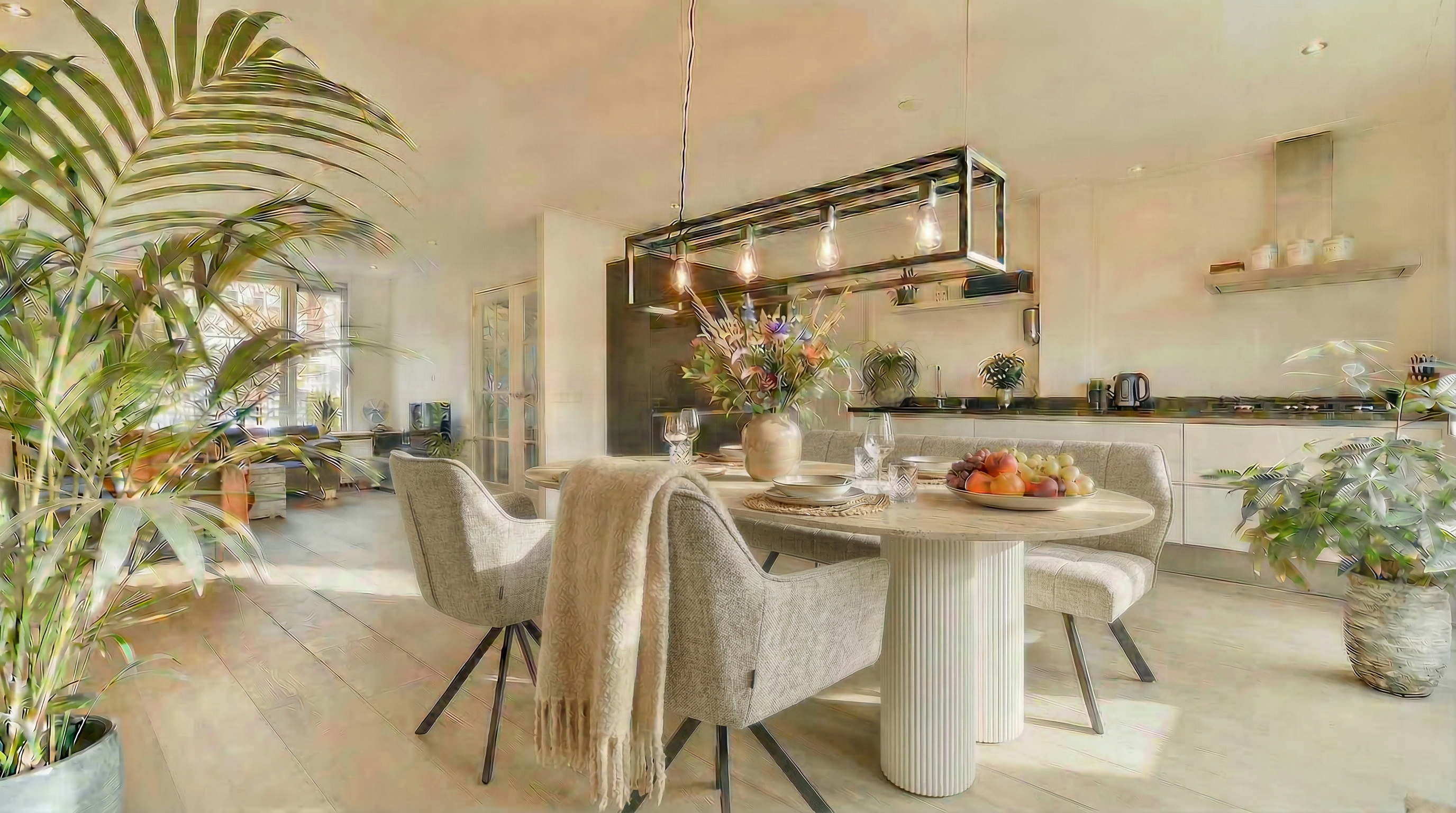 Essgruppe Bari 180 Travertin Metall + 2 Stühle + Bank Raster Strukturstoff Sand