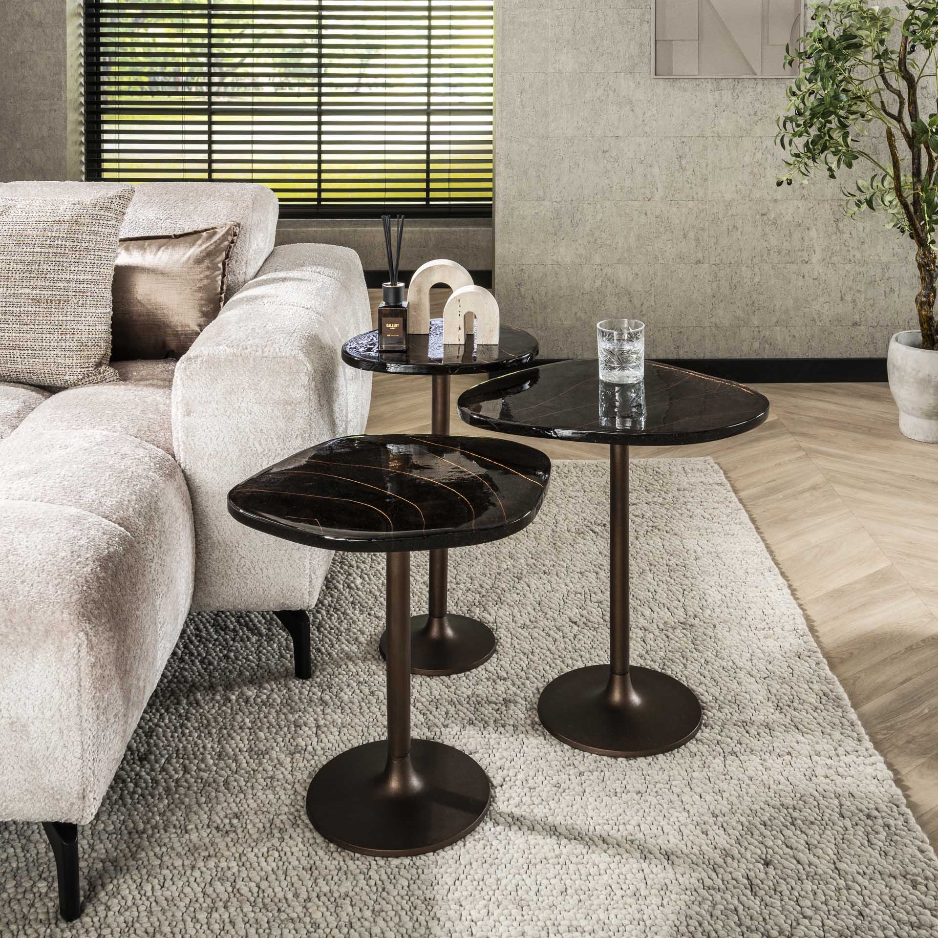 Retro Beistelltische Eclipse Glas Metall Antik-Kupfer L