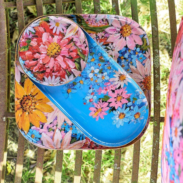 Vintage Tablett 3er Set Garden of Eden Blumenmotive Metall Blau