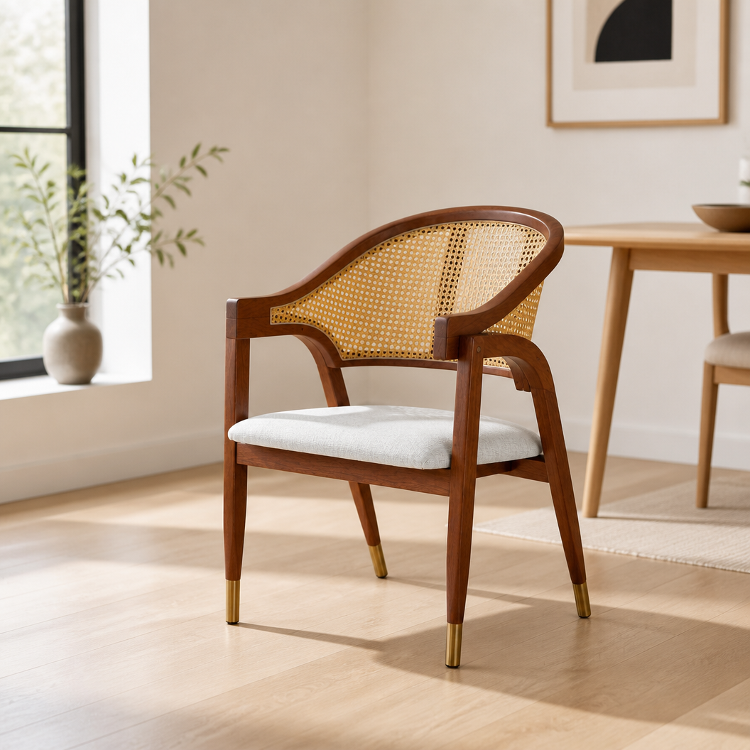 Esszimmerstuhl Aureo Mid-Century Massivholz Rattan Walnuss