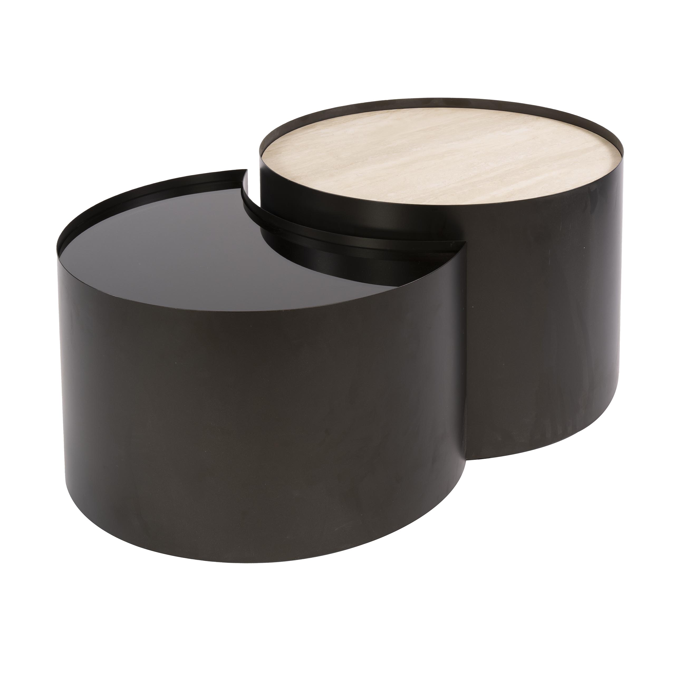 Industrial Couchtisch Set Half Moon Metall Rauchglas Travertin