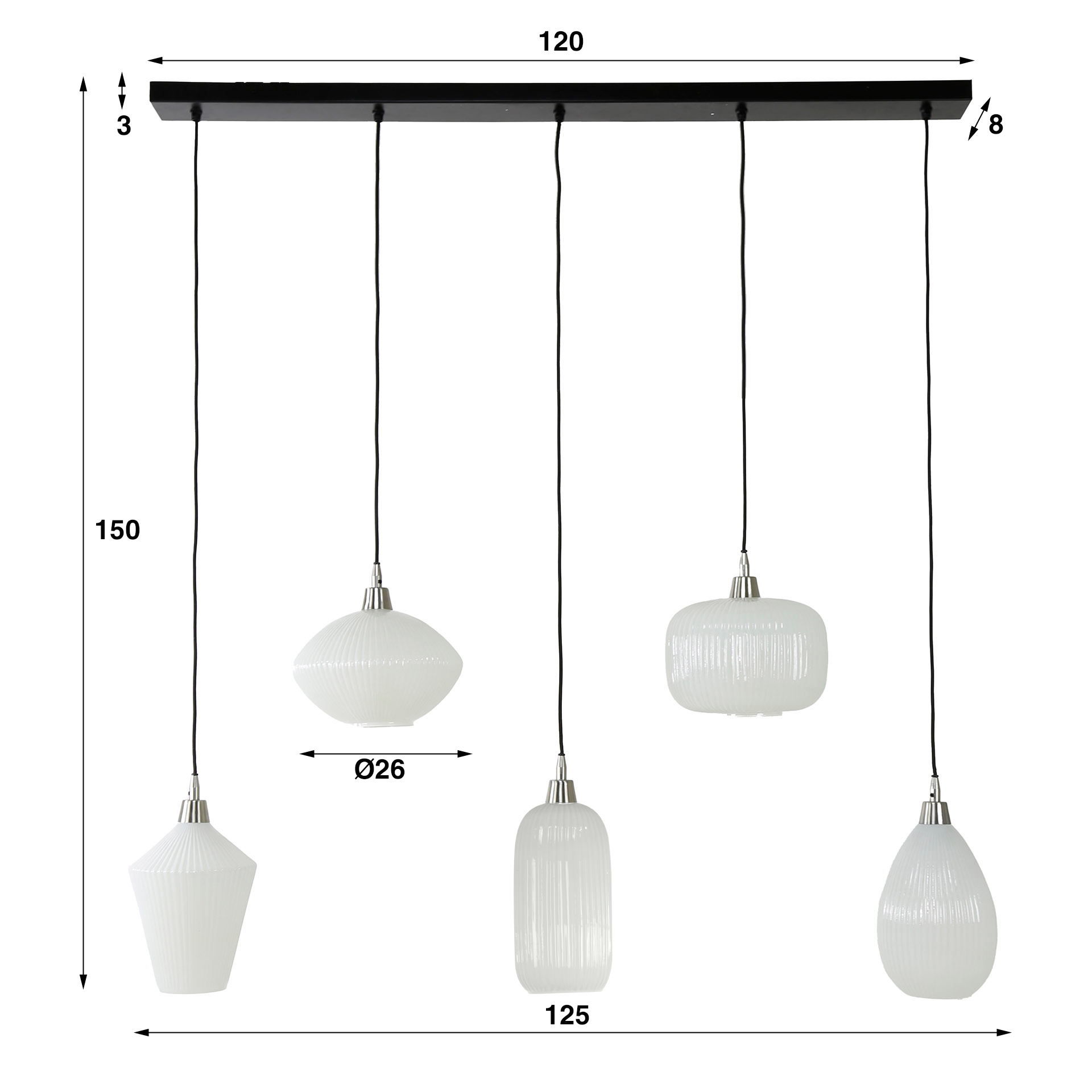 Hängelampe Retro Stripes mit 5 unterschiedlichen Glasschirmen aus Milchglas