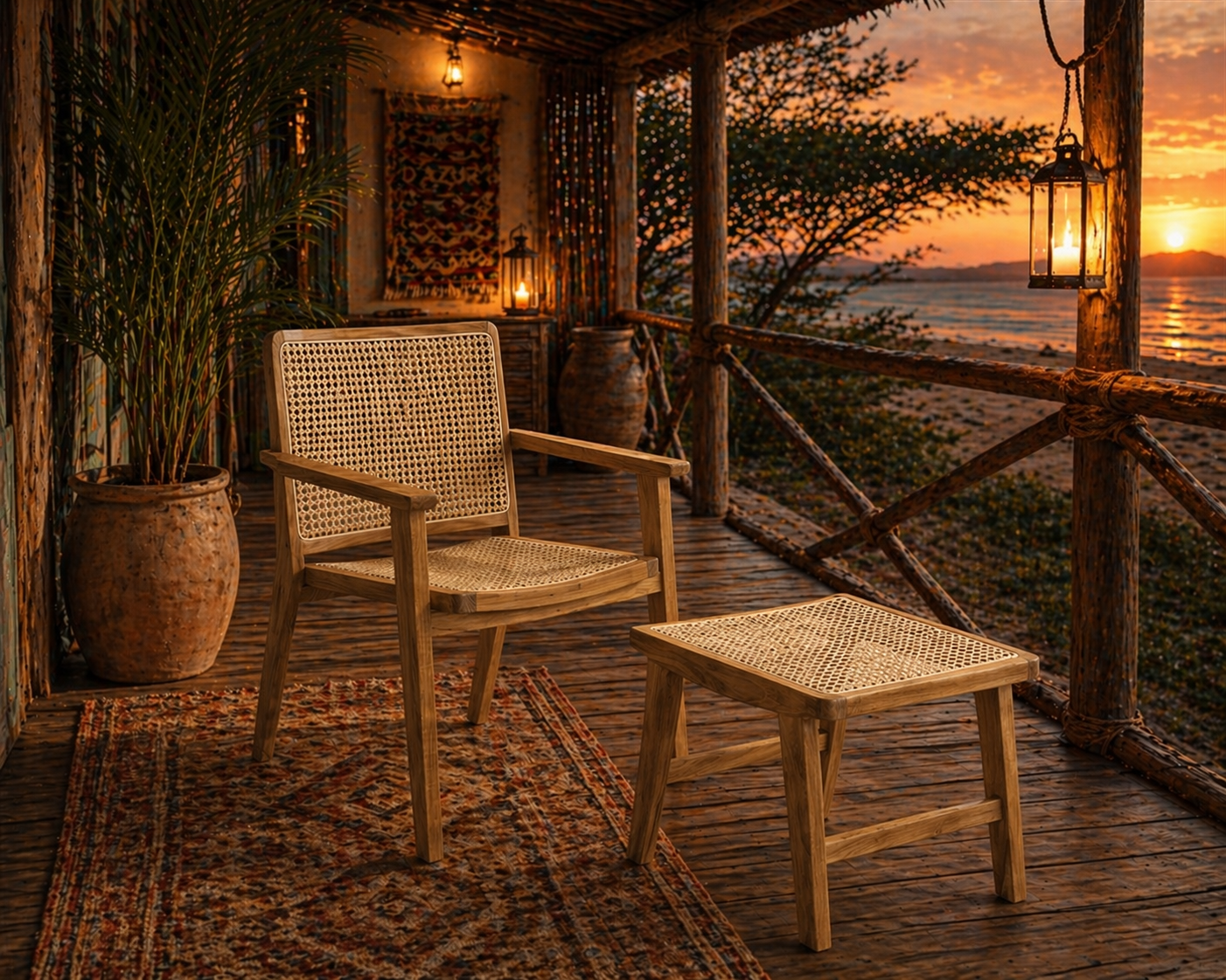 Esszimmerstuhl & Hocker Nova Teak Rattan Wiener Geflecht Armlehnen