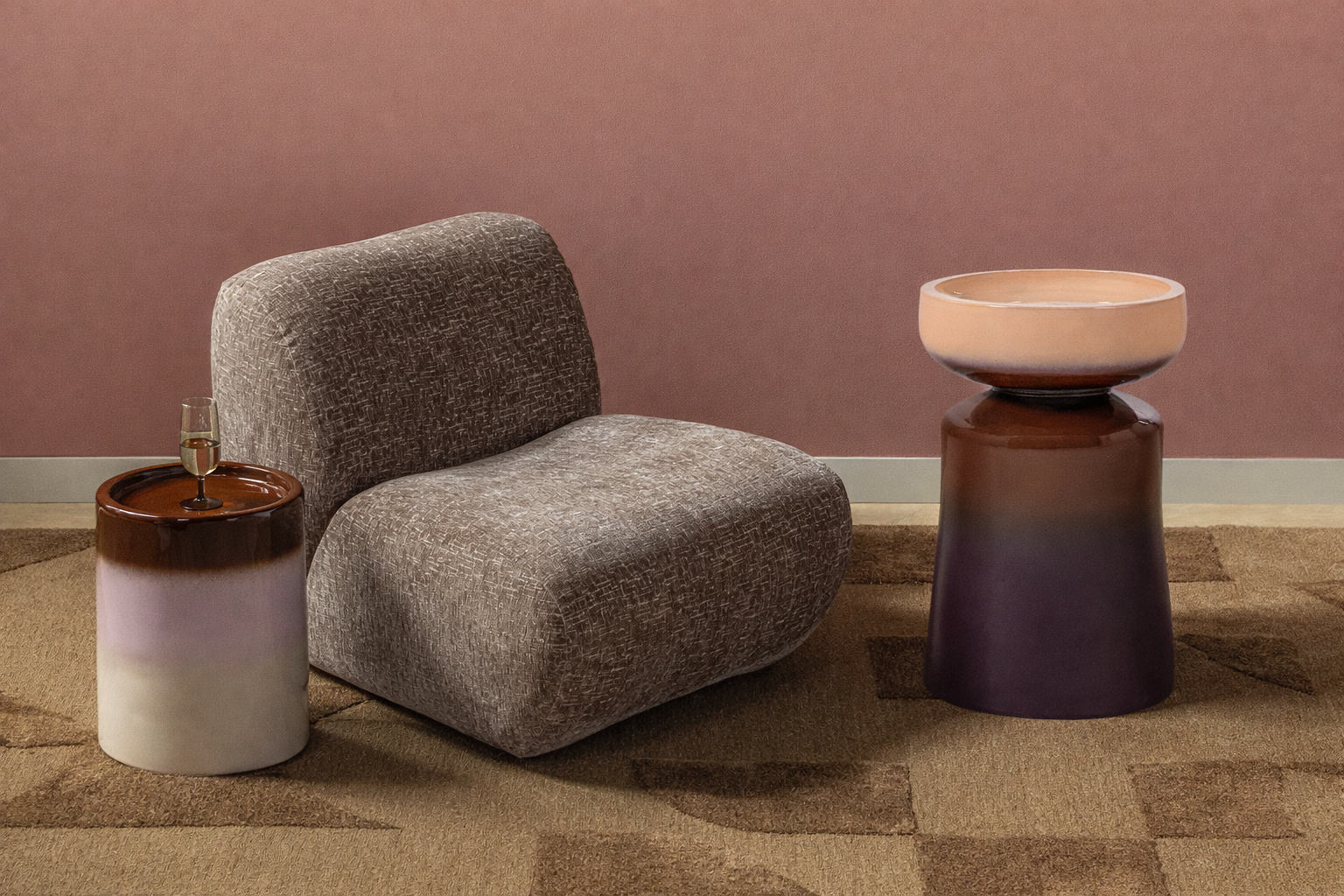 Retro Beistelltisch Keramik Ollo Beige, Rosa und Braun