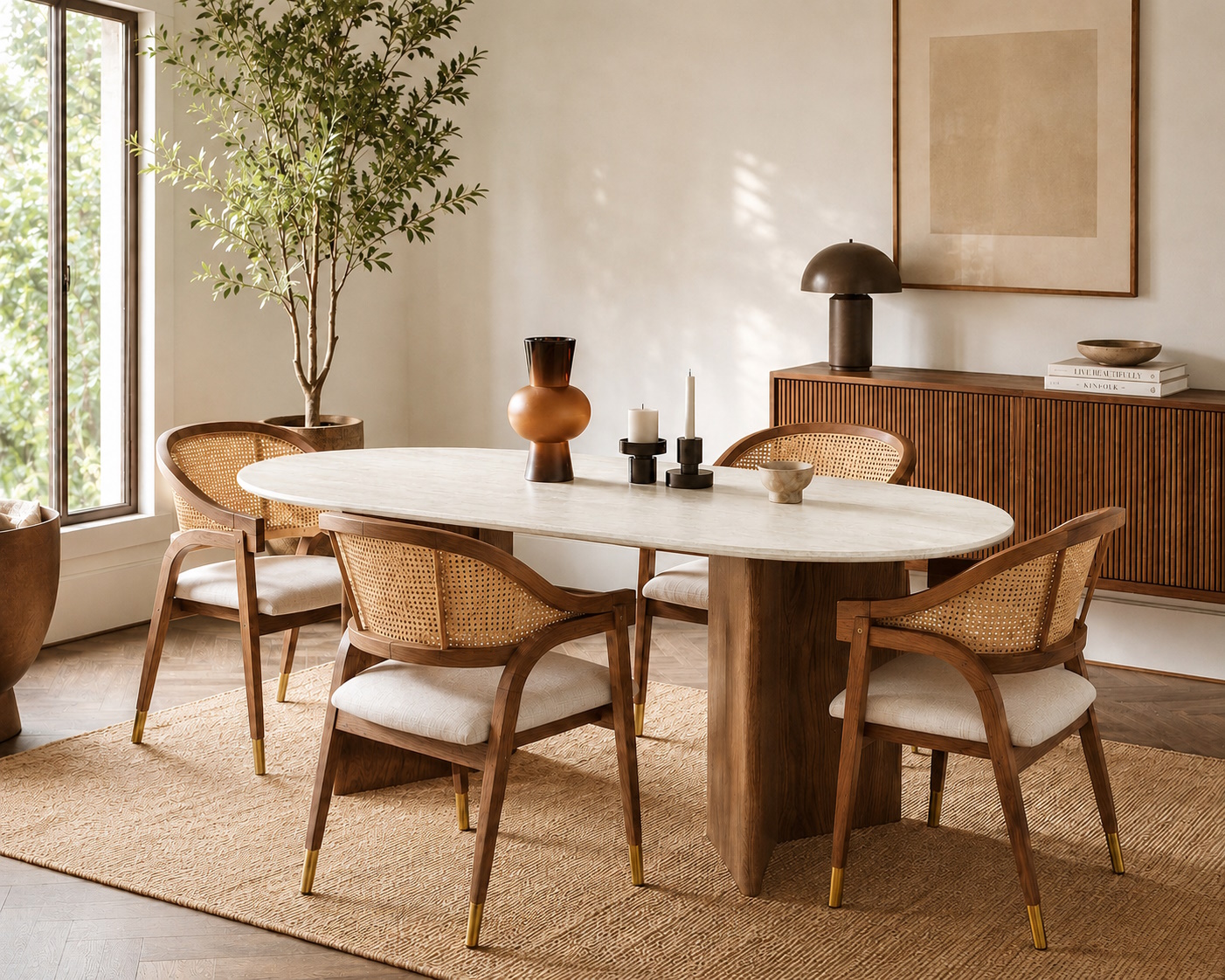 Essgruppe Tivoli Travertin Keramik 180 Massivholz Esche + 4 Stühle Aureo Walnuss