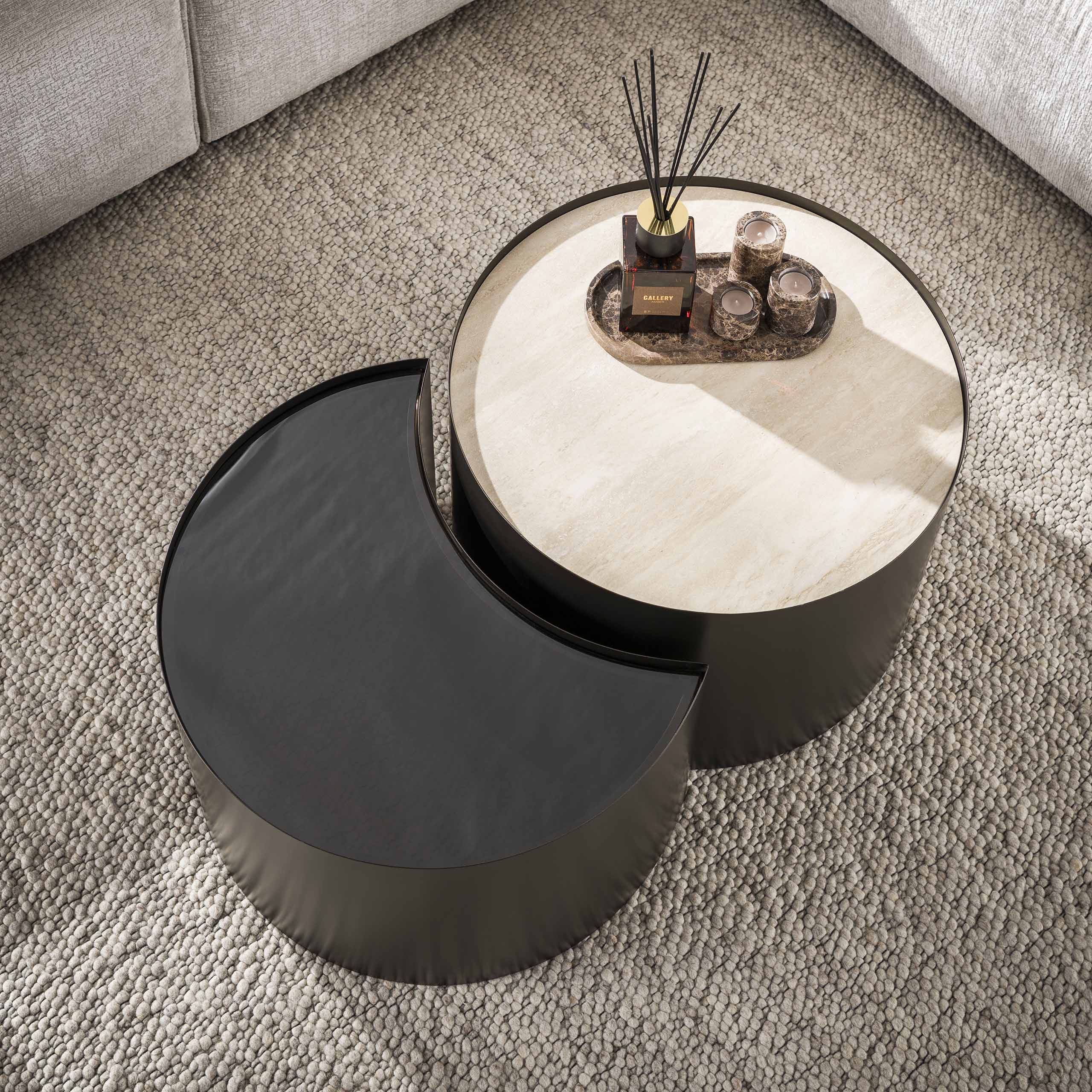 Industrial Couchtisch Set Half Moon Metall Rauchglas Travertin