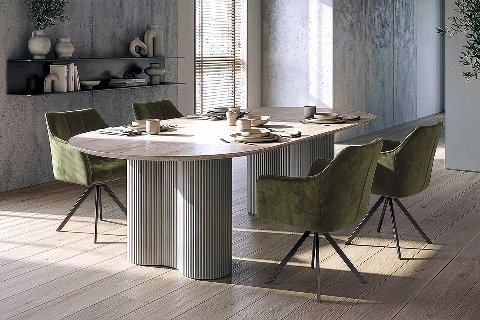 Essgruppe Bari 180 Travertin Metall + 4 Stühle Raster Samt Grün