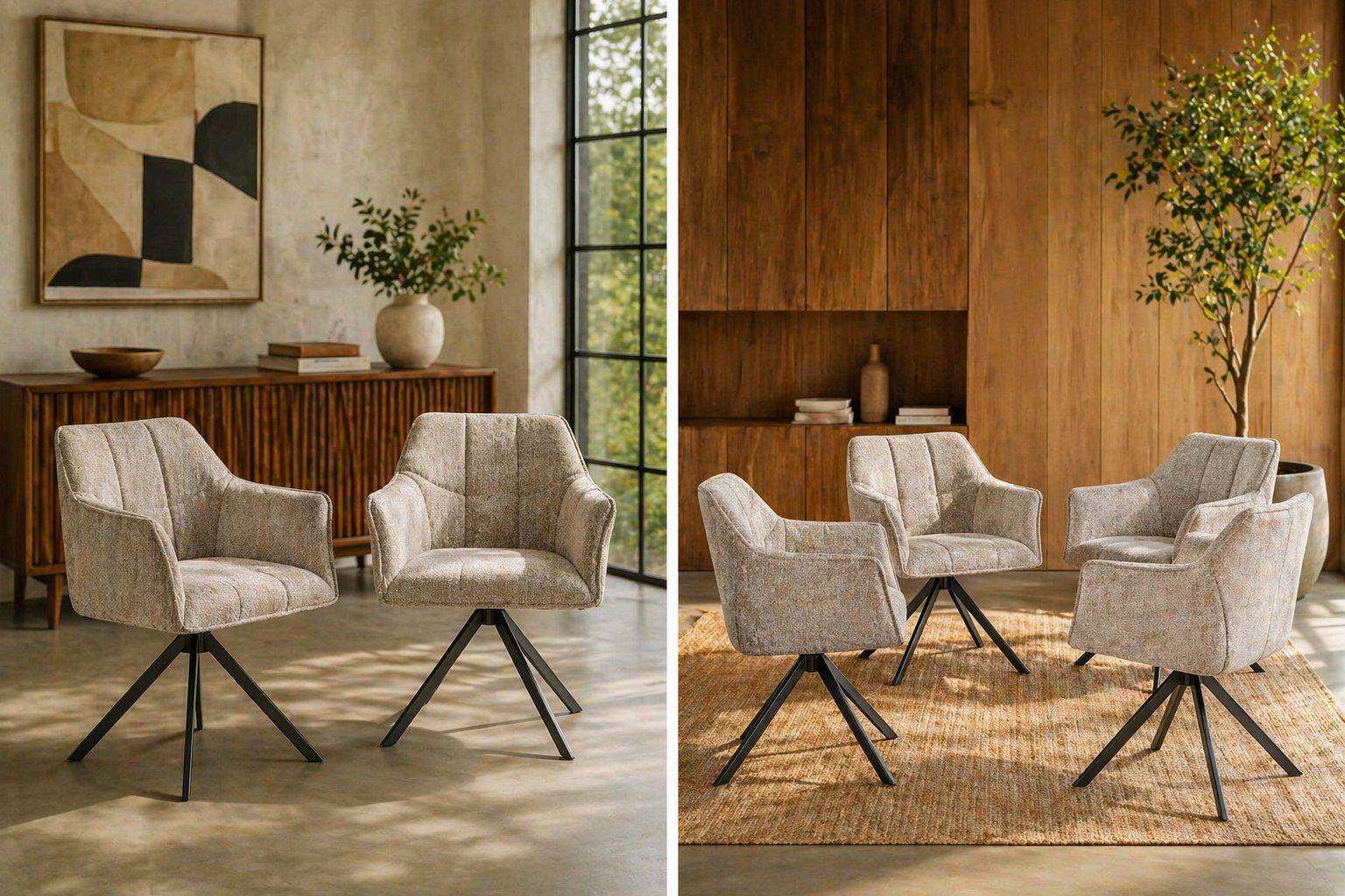 2er Set Esszimmerstuhl Armlehnstuhl Raster Drehbar Strukturstoff Sand