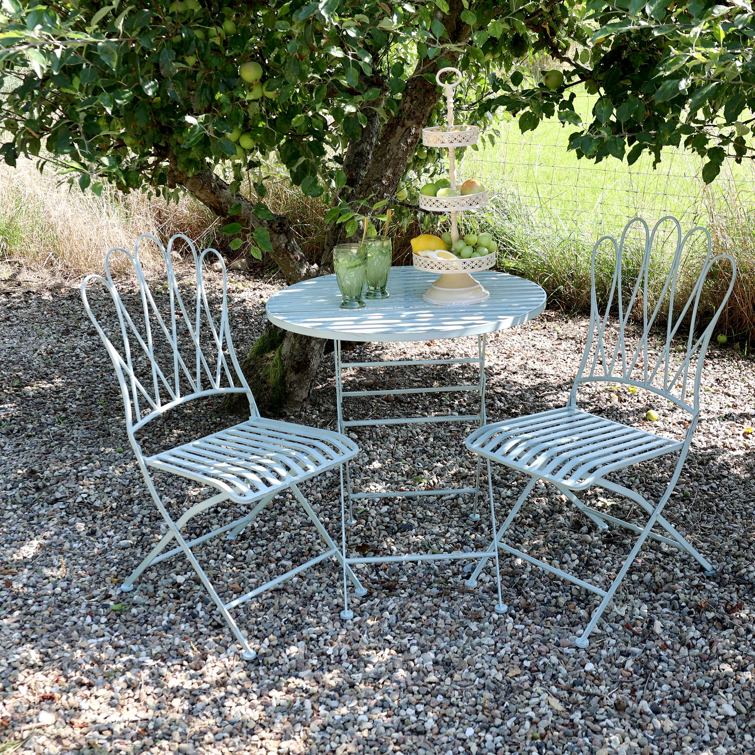Vintage Garten/Balkon-Set Jardin Metall Himmelblau zwei Stühle ein Tisch
