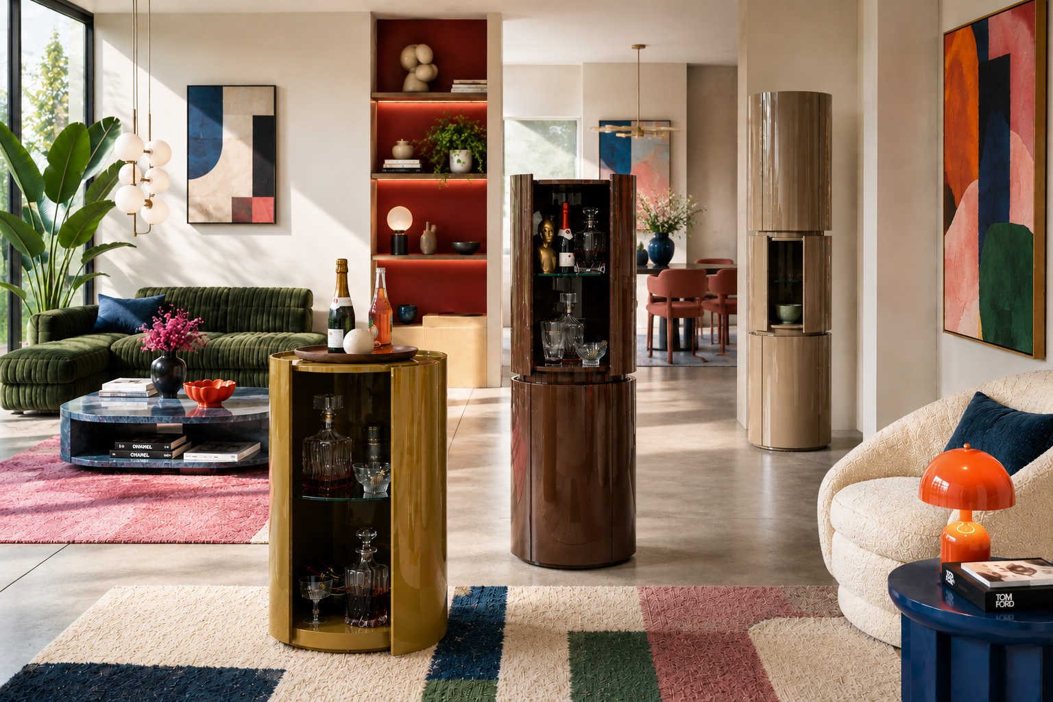Retro Schrank Kommode Hausbar Sera Rund in Hochglanz-Finish Honiggelb