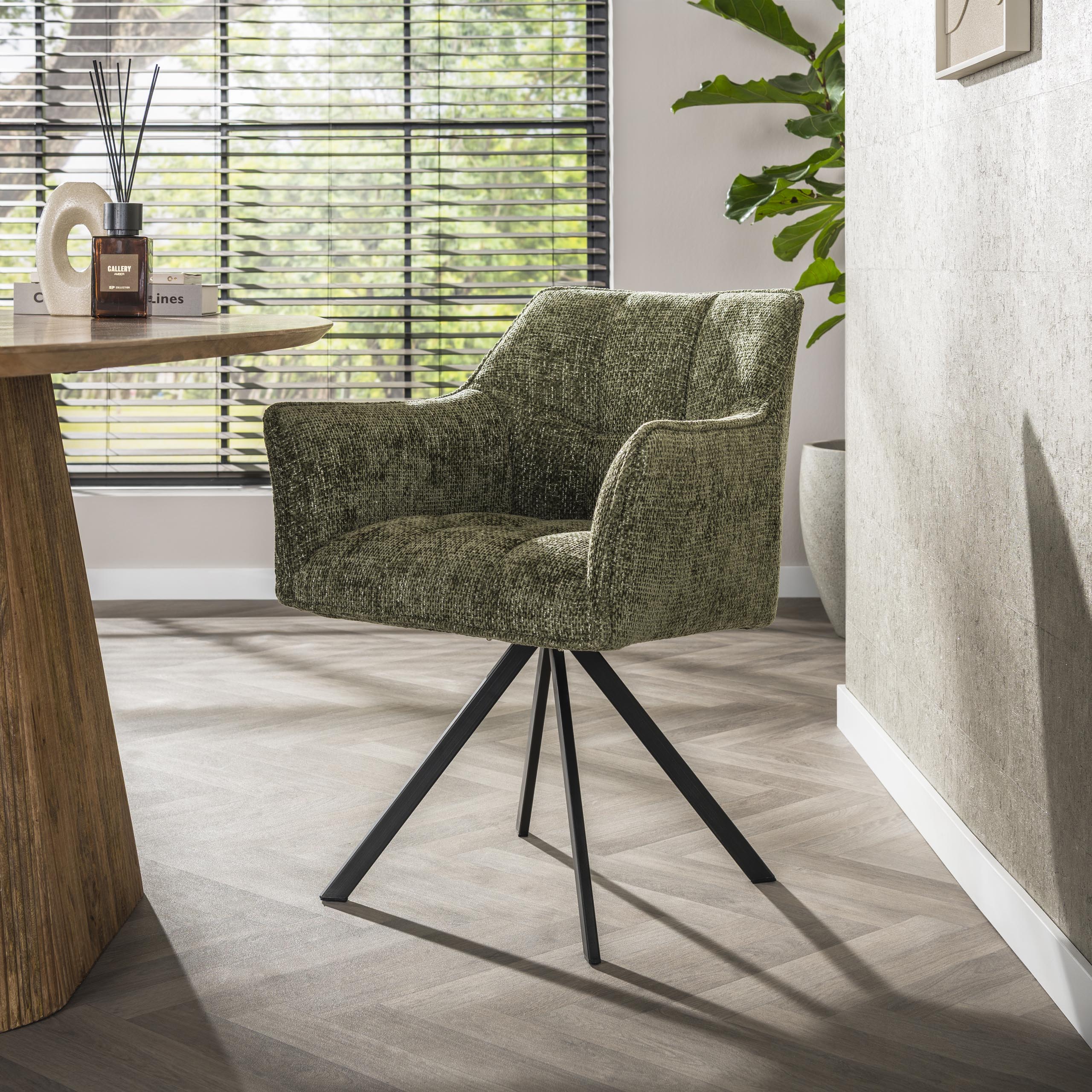 Set Essgruppe Polsterbank Raster + 2 Armlehnstühle Strukturstoff Grün