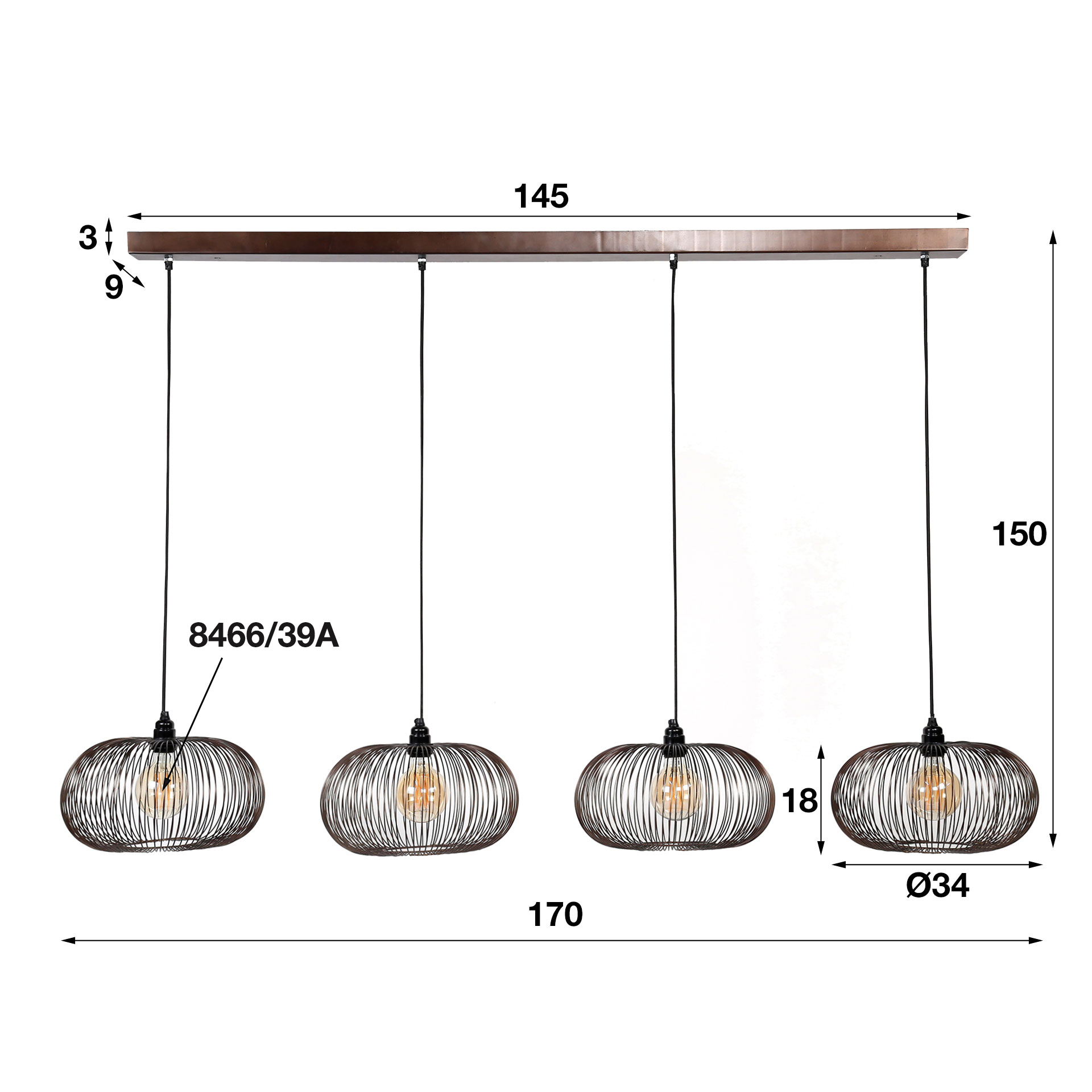 Hängelampe Industrial Kupferdraht Twist 4x Ø35cm