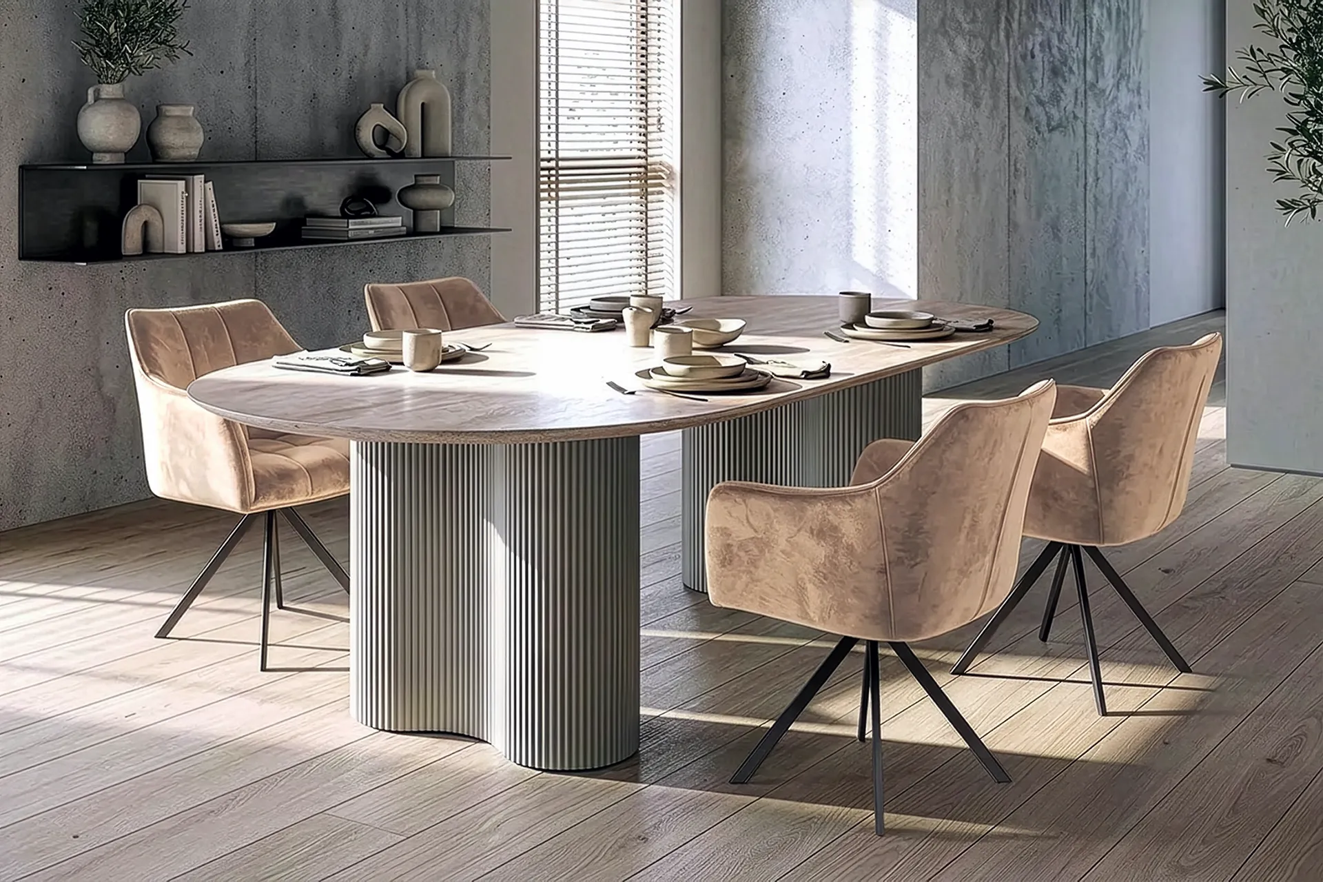 Essgruppe Bari 180 Travertin Metall + 4 Stühle Raster Samt Champagner