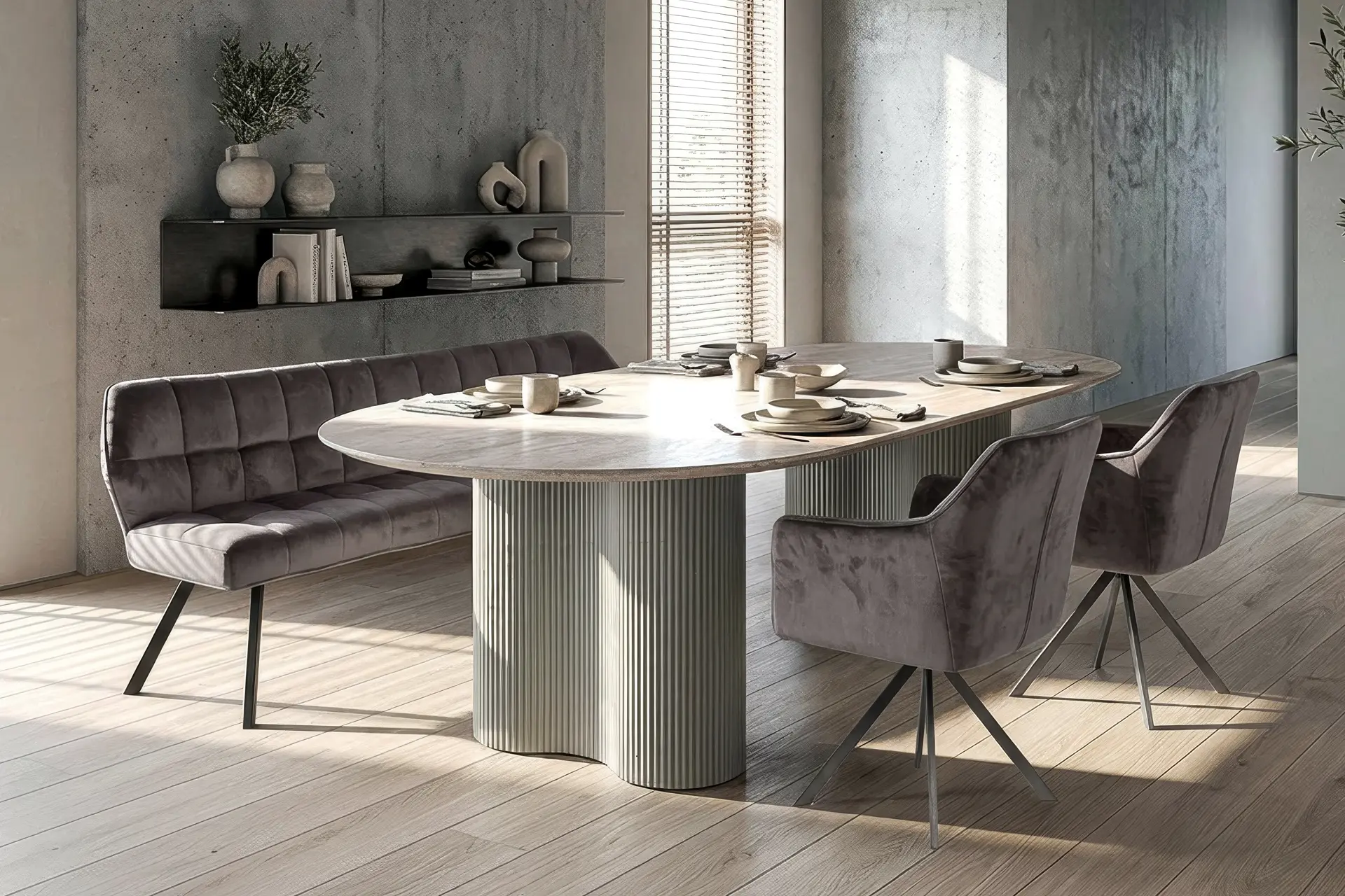 Essgruppe Bari 180 Travertin Metall + 2 Stühle + Bank Raster