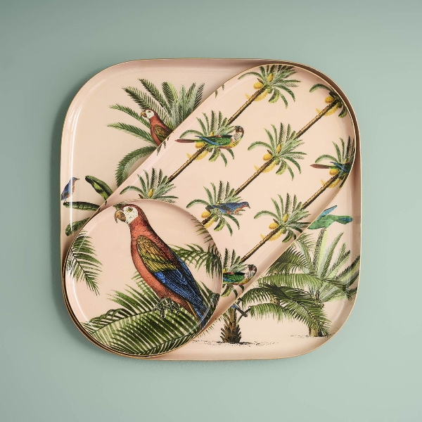 Vintage Tablett 3er Set Palmen und Papageien Metall 