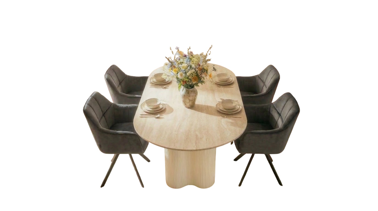 Essgruppe Bari 180 Travertin Metall + 4 Stühle Raster Samt Anthrazit