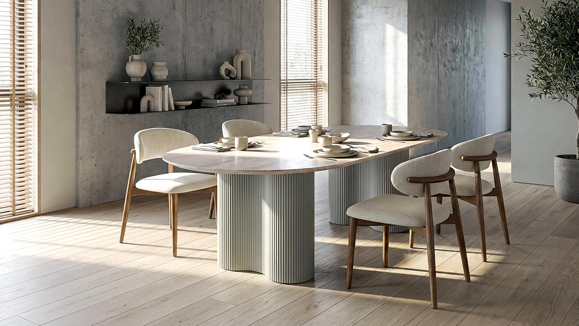 Essgruppe Bari 160 Travertin Metall + 4 Stühle Linea