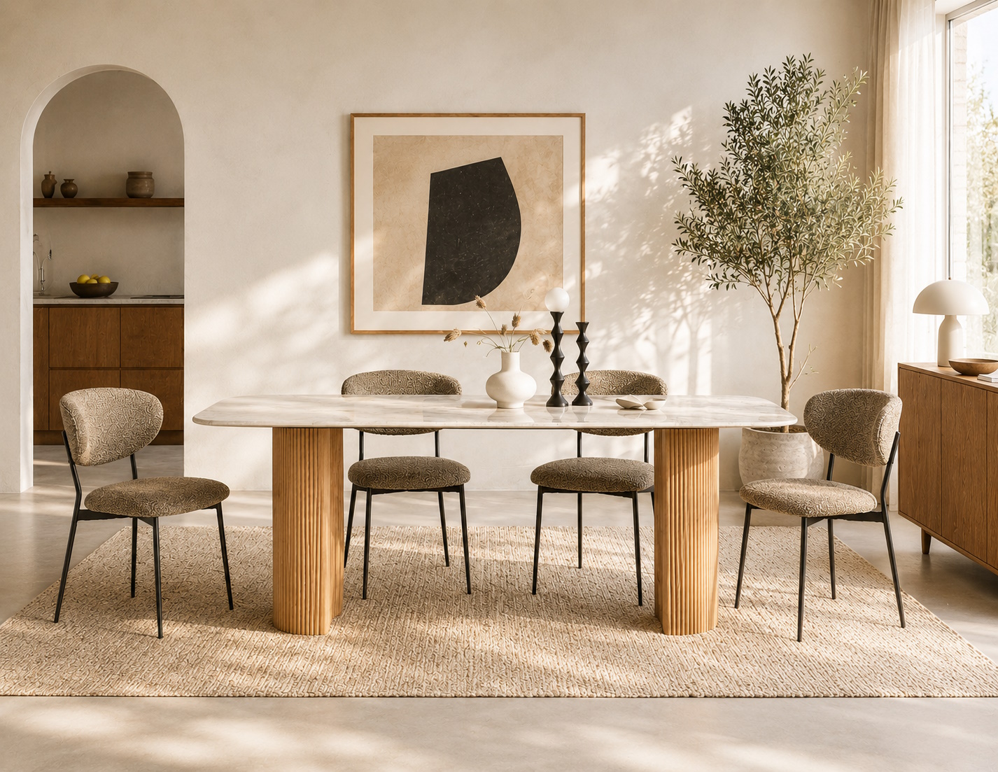 Essgruppe Travertin Tisch Roma + 4 Esszimmerstühle Kjeld Grün