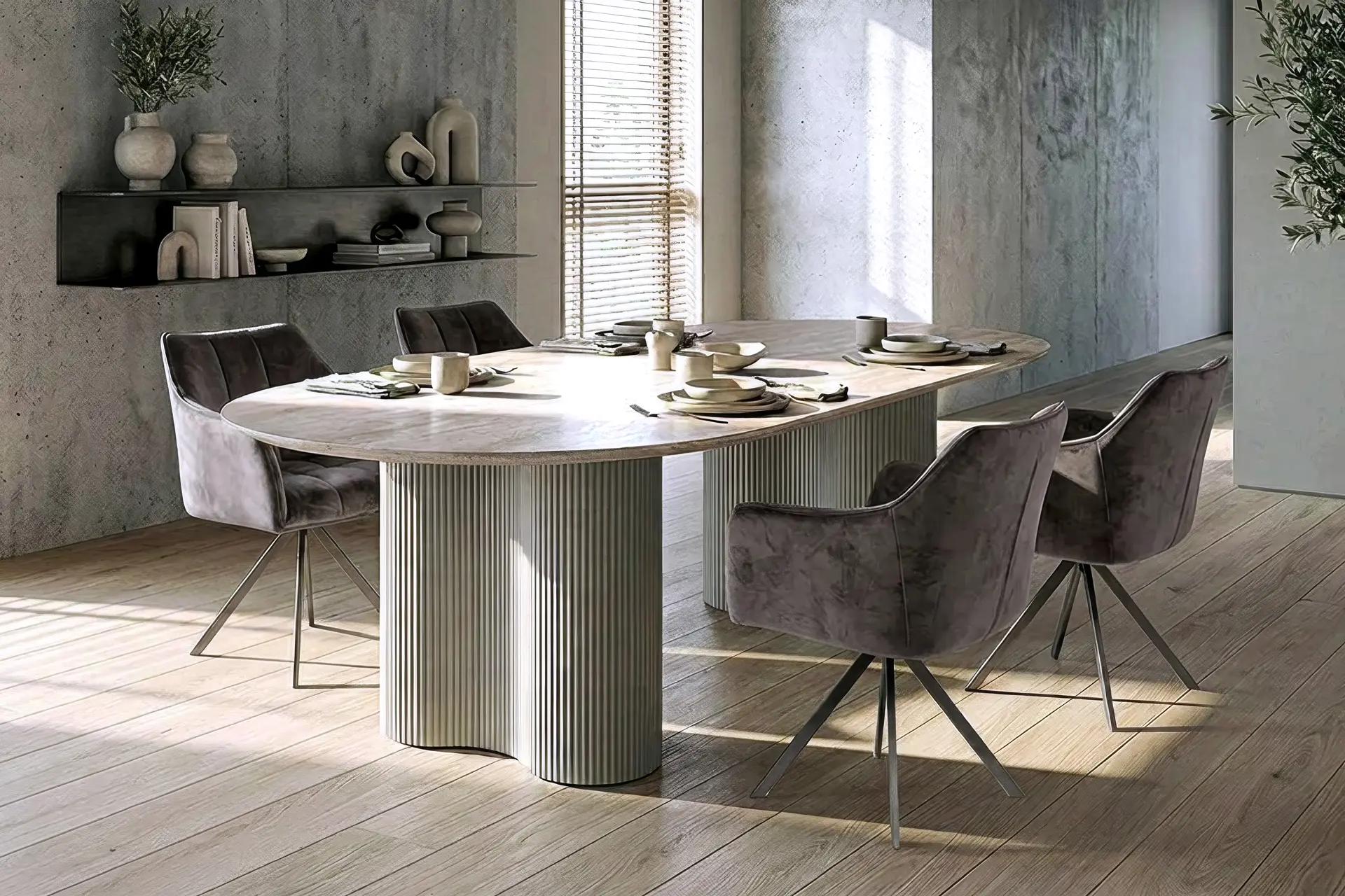 Essgruppe Bari 180 Travertin Metall + 4 Stühle Raster