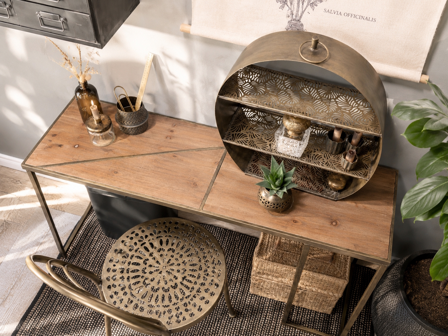 Schreibtisch Konsoltisch Industrial Boheme Metall Messing Holz