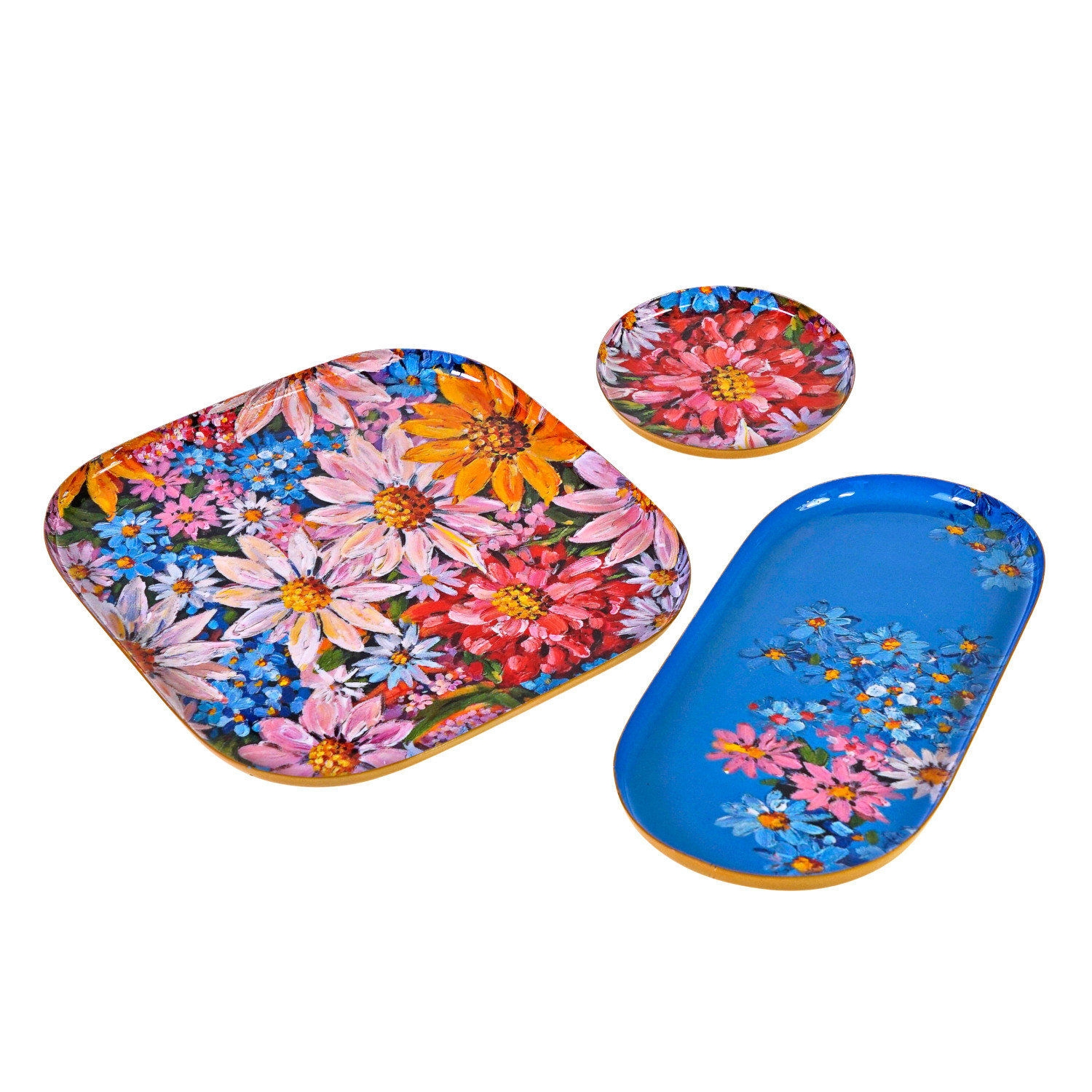 Vintage Tablett 3er Set Garden of Eden Blumenmotive Metall Blau