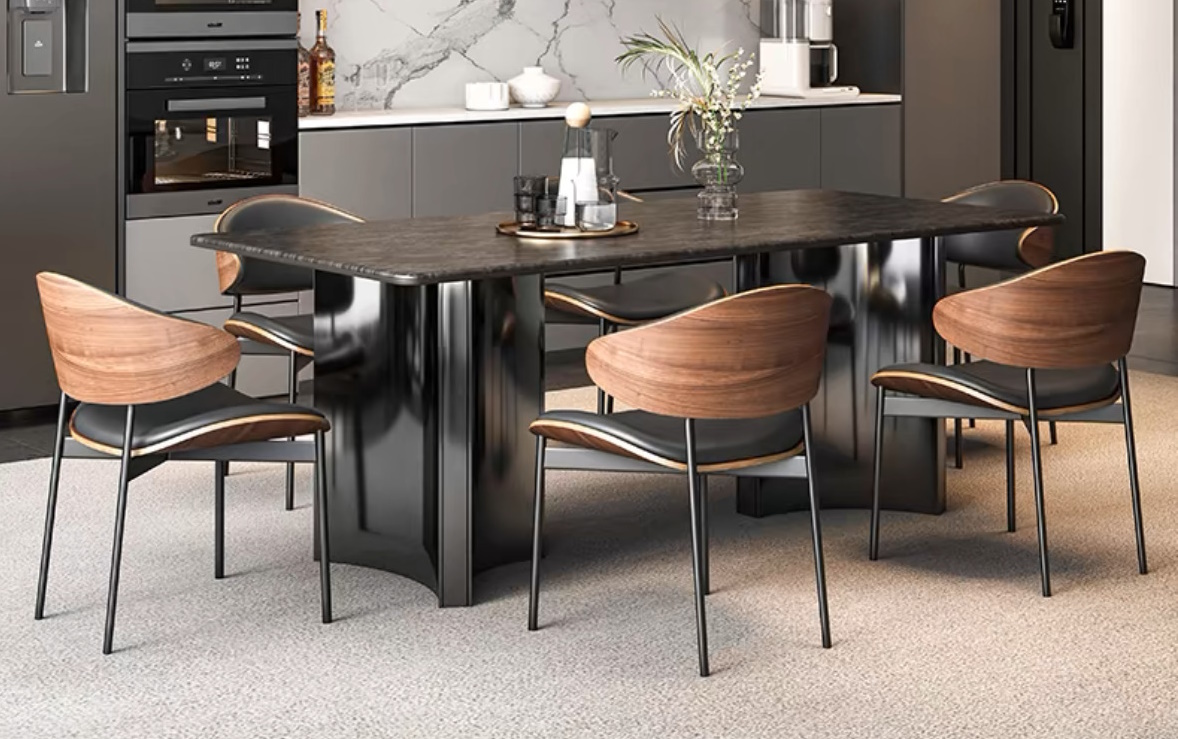 Industrial Esstisch Travertin Obsidia schwarz Metall 180