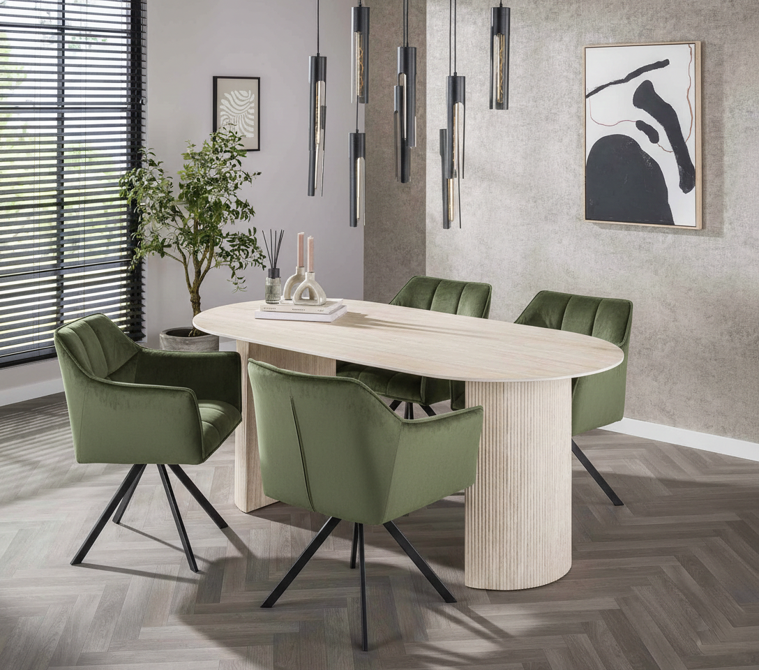 Essgruppe Arch Organic 180 Travertin + 4 Stühle Raster Samt