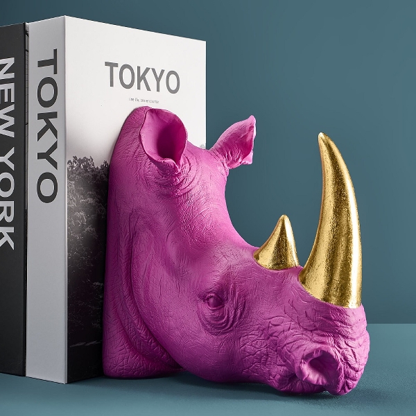 Retro Buchstützen Set Pop-Art Nashorn Pink Gold Retro Buchstützen Set Pop-Art Nashorn Pink Gold