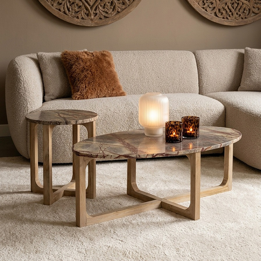 Retro Couchtisch Marble Marmor Holz Oval Exzentrik