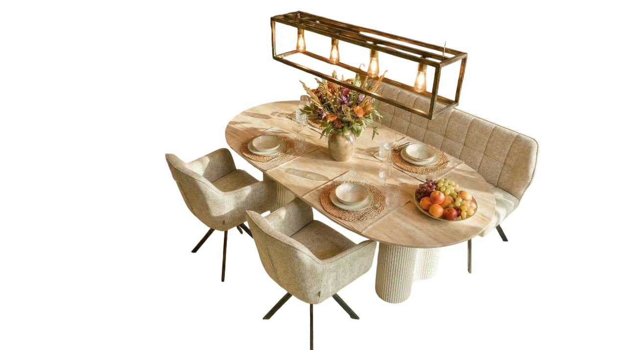 Essgruppe Bari 180 Travertin Metall + 2 Stühle + Bank Raster Strukturstoff Sand