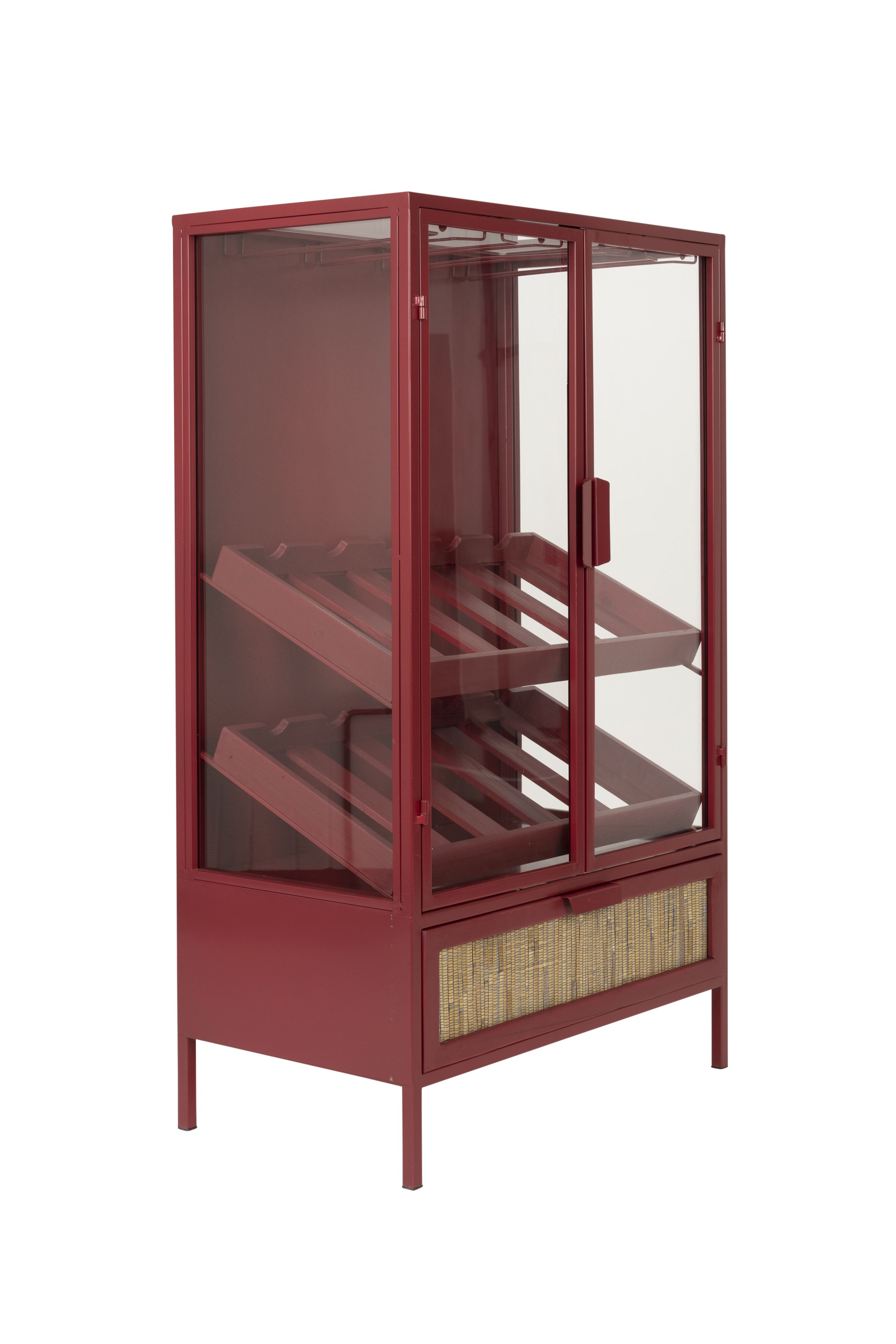 Retro Weinregal Barschrank Vitrine Mori Rot mit Rattangeflecht