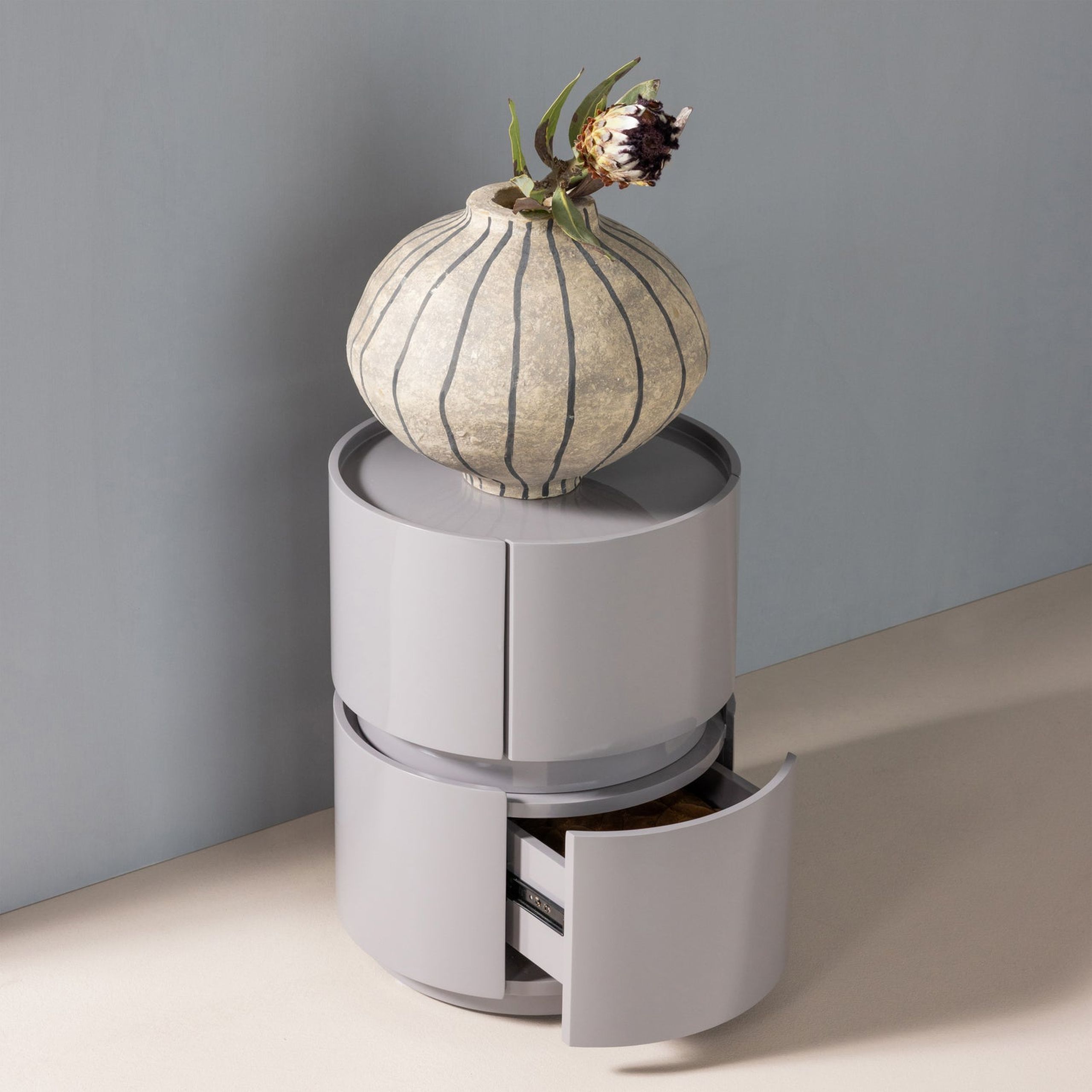 Retro Nachttisch Lunex Rund 2 Schubladen Mauve