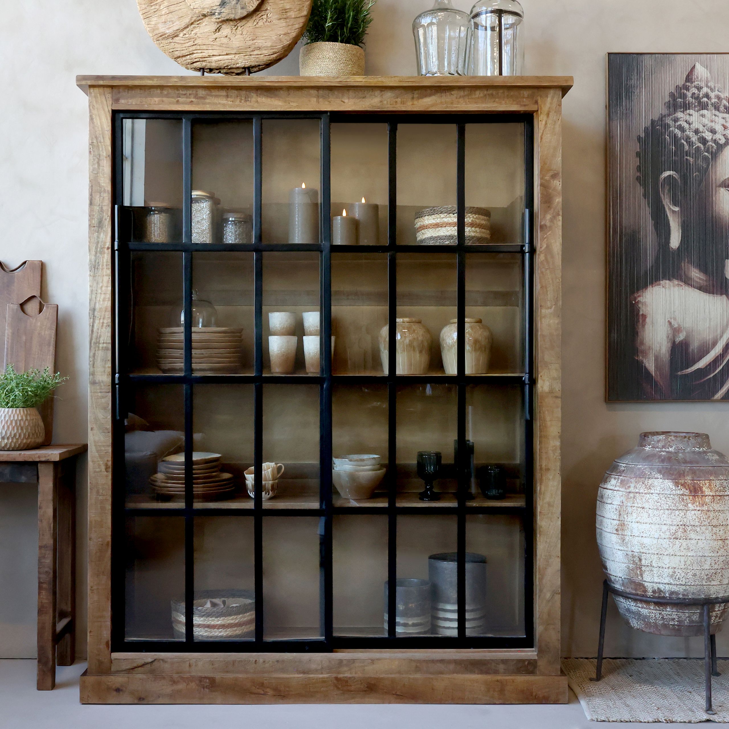 Vintage Vitrine Geschirrschrank Paris Mangoholz Glas 190