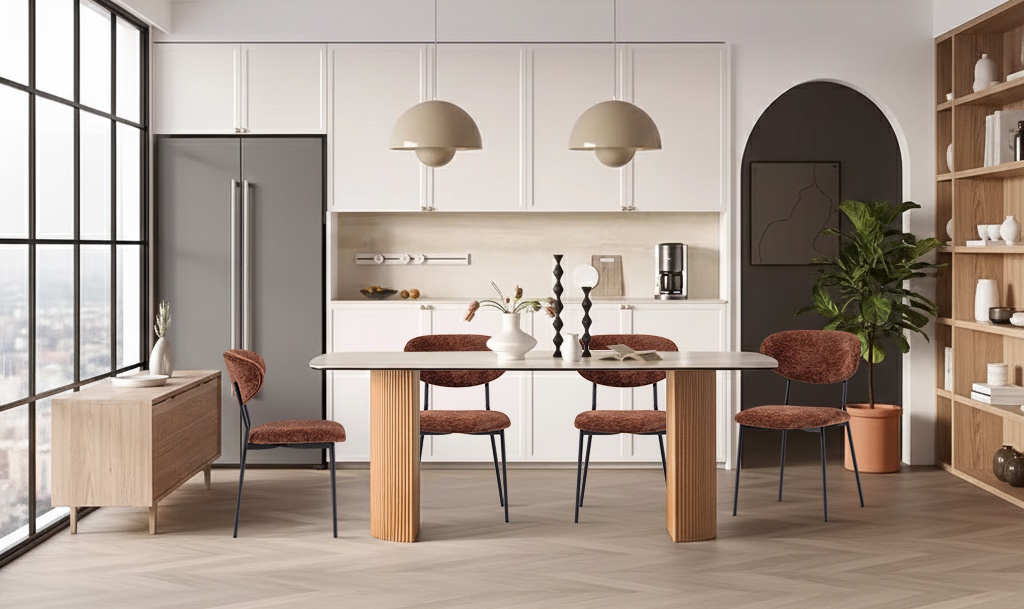  Essgruppe Travertin Tisch Roma + 4 Esszimmerstühle Kjeld Braun